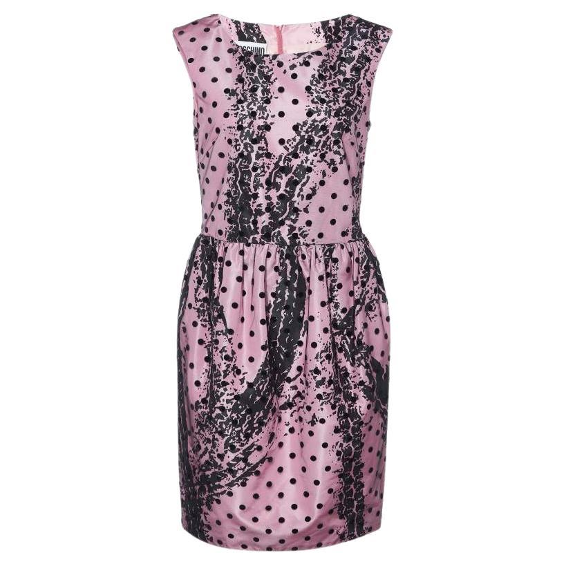 Moschino Couture Pink Printed Satin & Polka Dot Tulle Sleeveless Sheath Dress L For Sale