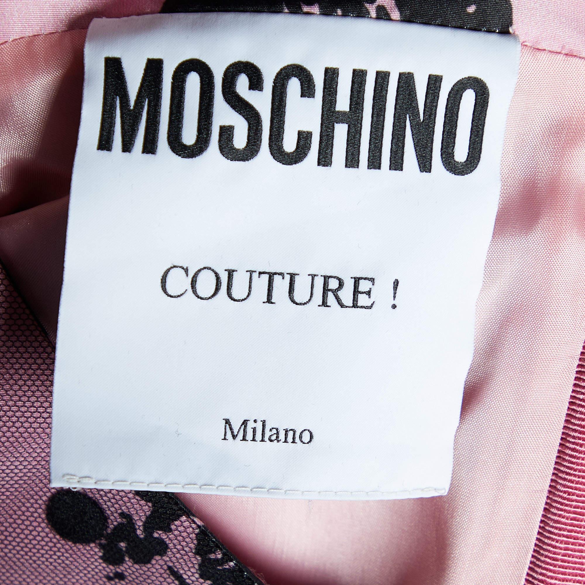 Moschino Couture Pink Printed Satin & Polka Dot Tulle Sleeveless Sheath Dress M In Excellent Condition For Sale In Dubai, Al Qouz 2