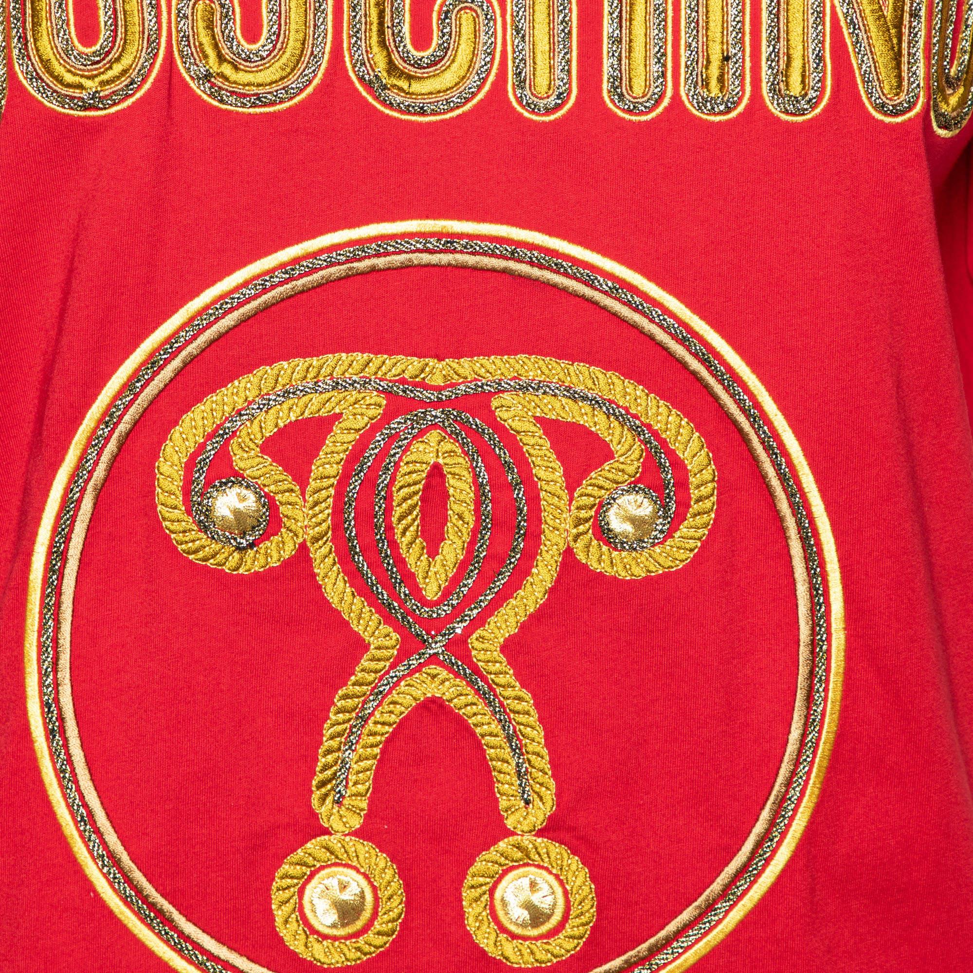 Moschino Couture Red Cotton Knit Logo Embroidered Oversized T-Shirt XXS In Excellent Condition For Sale In Dubai, Al Qouz 2