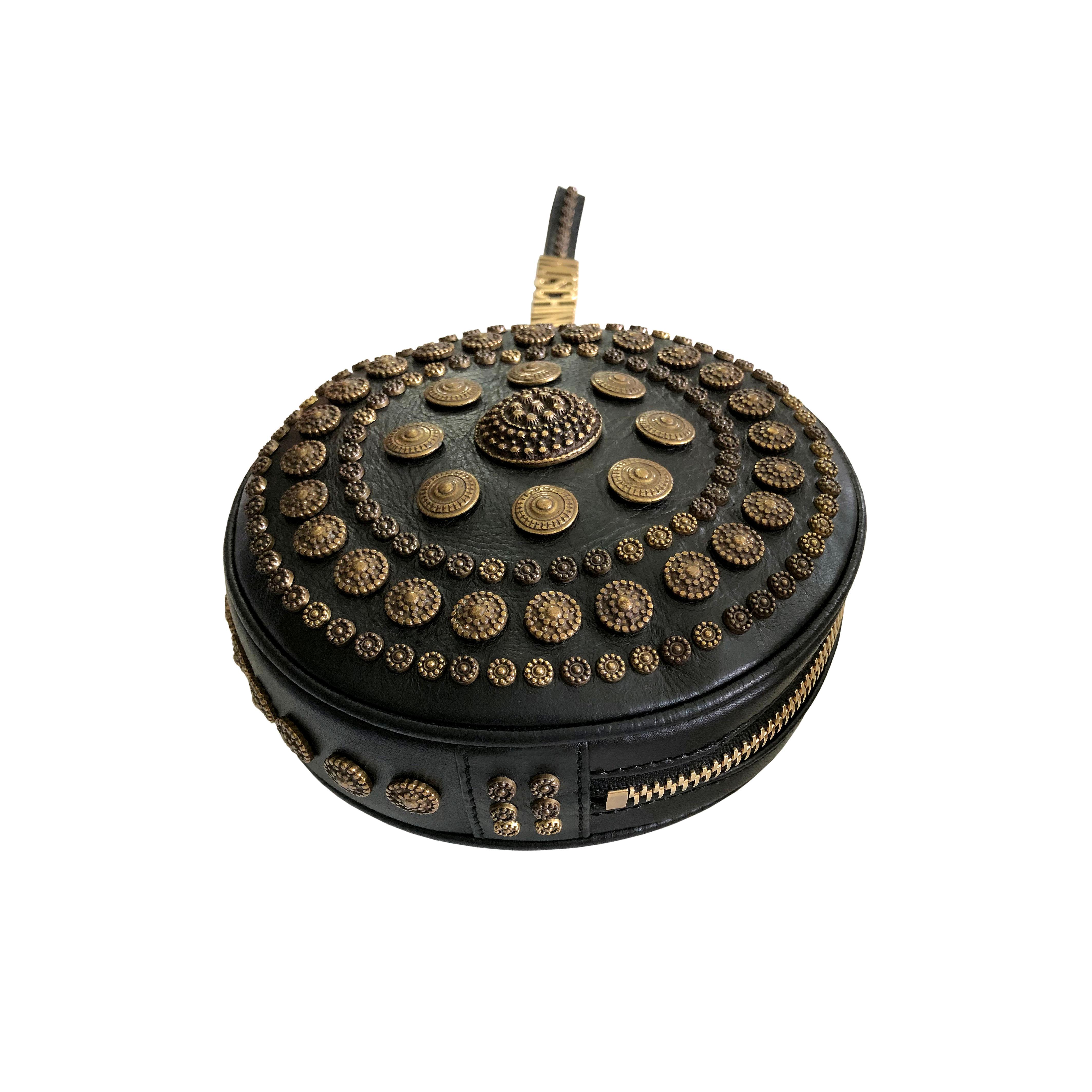 Moschino Couture - Bolso Redondo de Piel + Medallones Florales de Bronce Bruñido Negro en venta