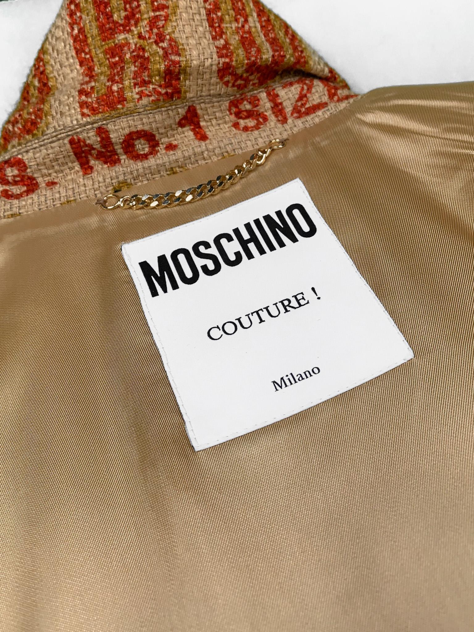 AW 2021 Runway Moschino Couture! Printed Burlap Potato Bag Statement Coat 8