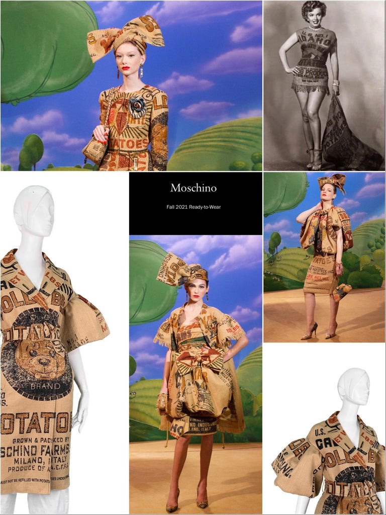AW 2021 Runway Moschino Couture! Printed Burlap Potato Bag Statement Coat