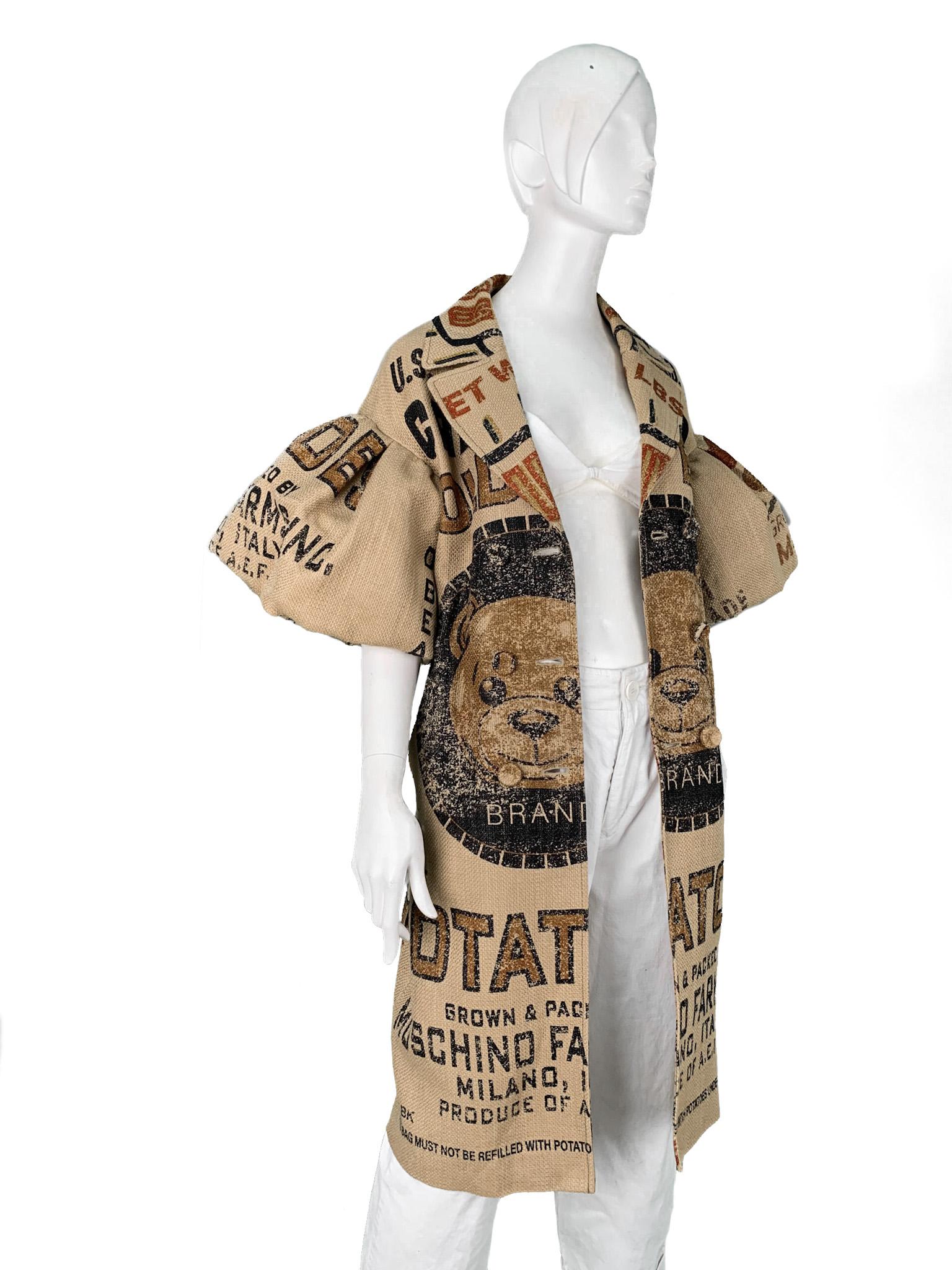 AW 2021 Runway Moschino Couture! Printed Burlap Potato Bag Statement Coat 3