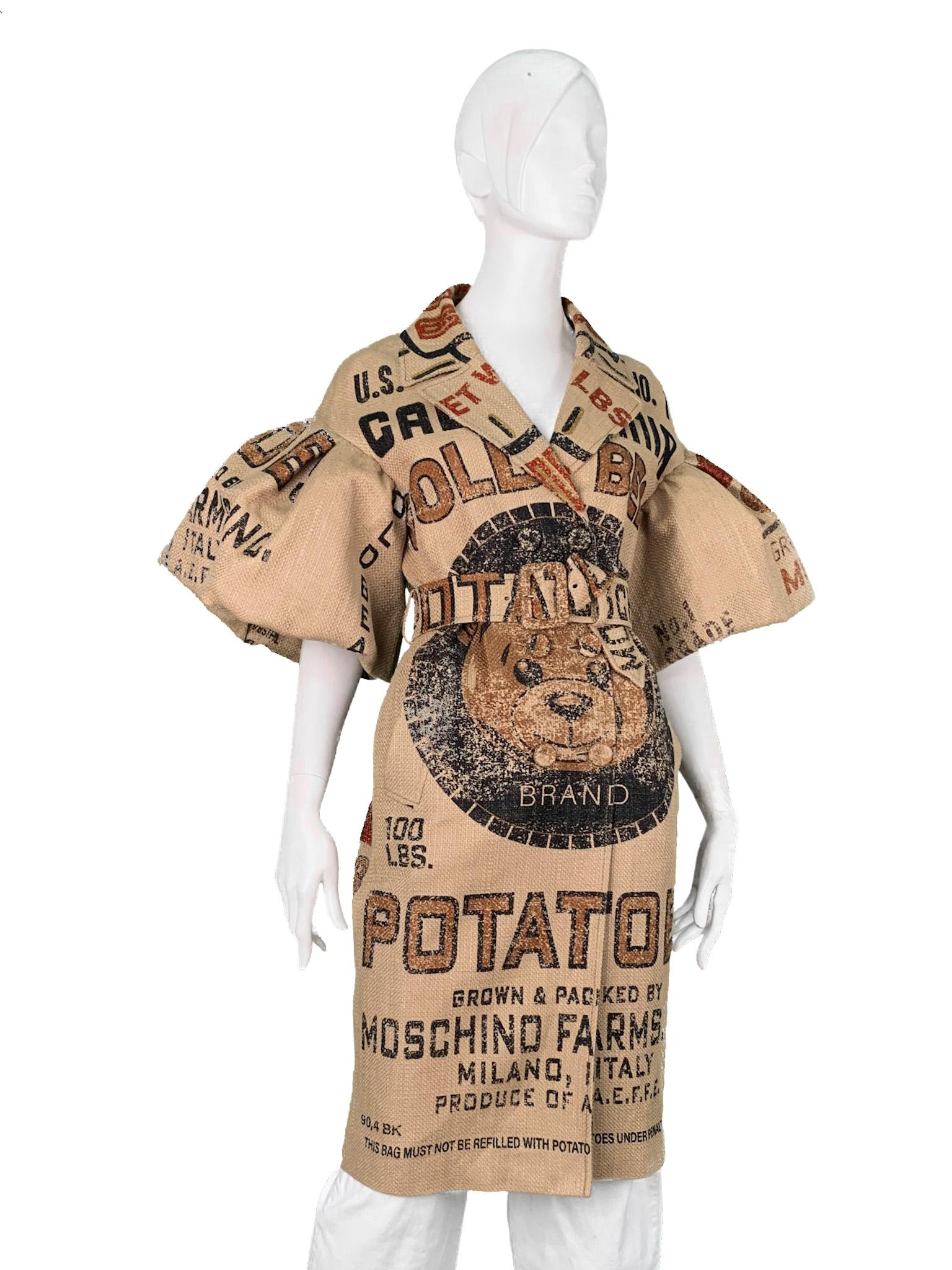 AW 2021 Runway Moschino Couture! Printed Burlap Potato Bag Statement Coat 2