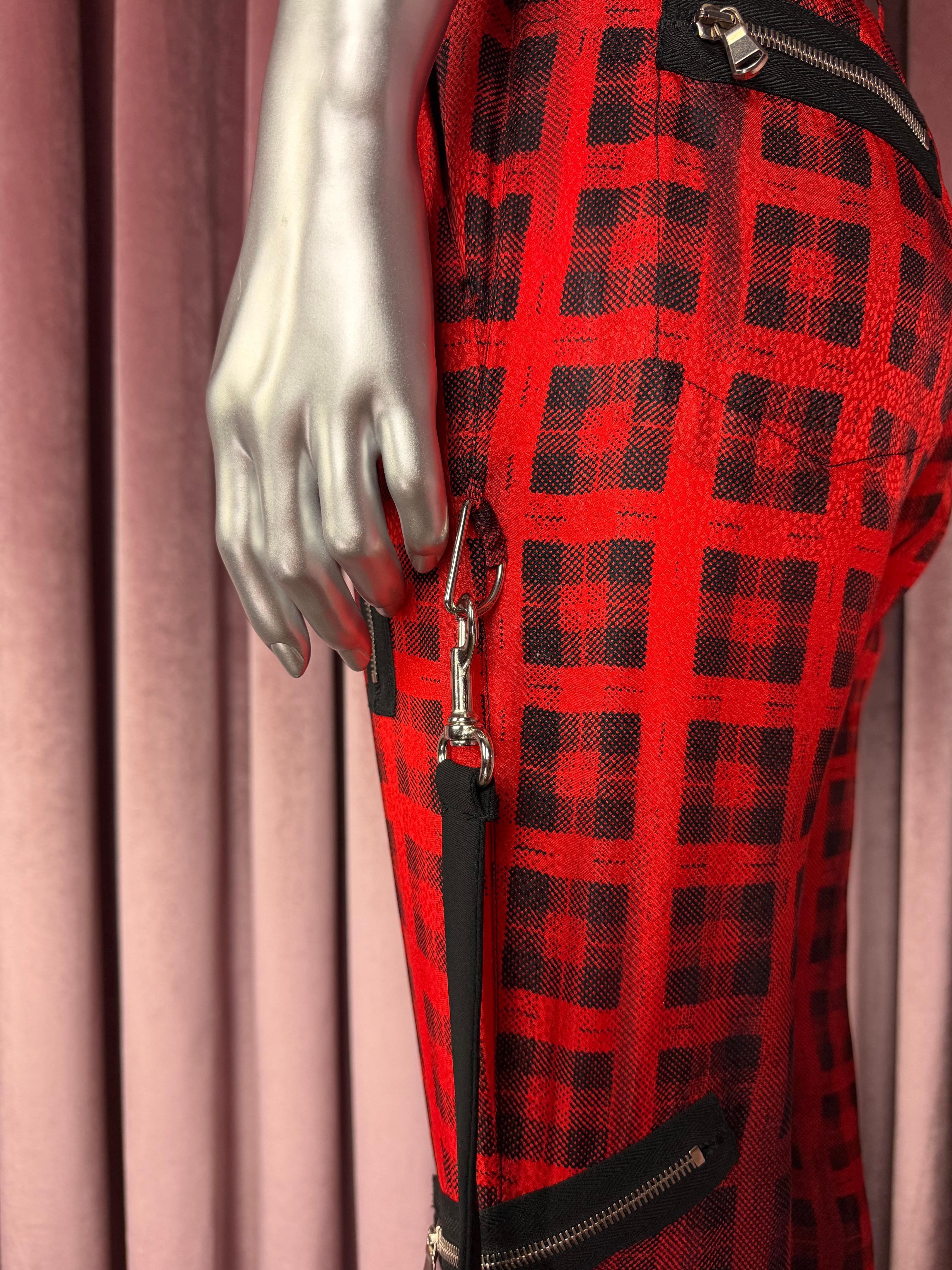 Moschino Couture RUNWAY Pre Fall 2016 Red Black Plaid Silk Zipper