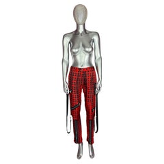 Moschino Couture RUNWAY Pre Fall 2016 Red Black Plaid Silk Zipper Bondage Pants