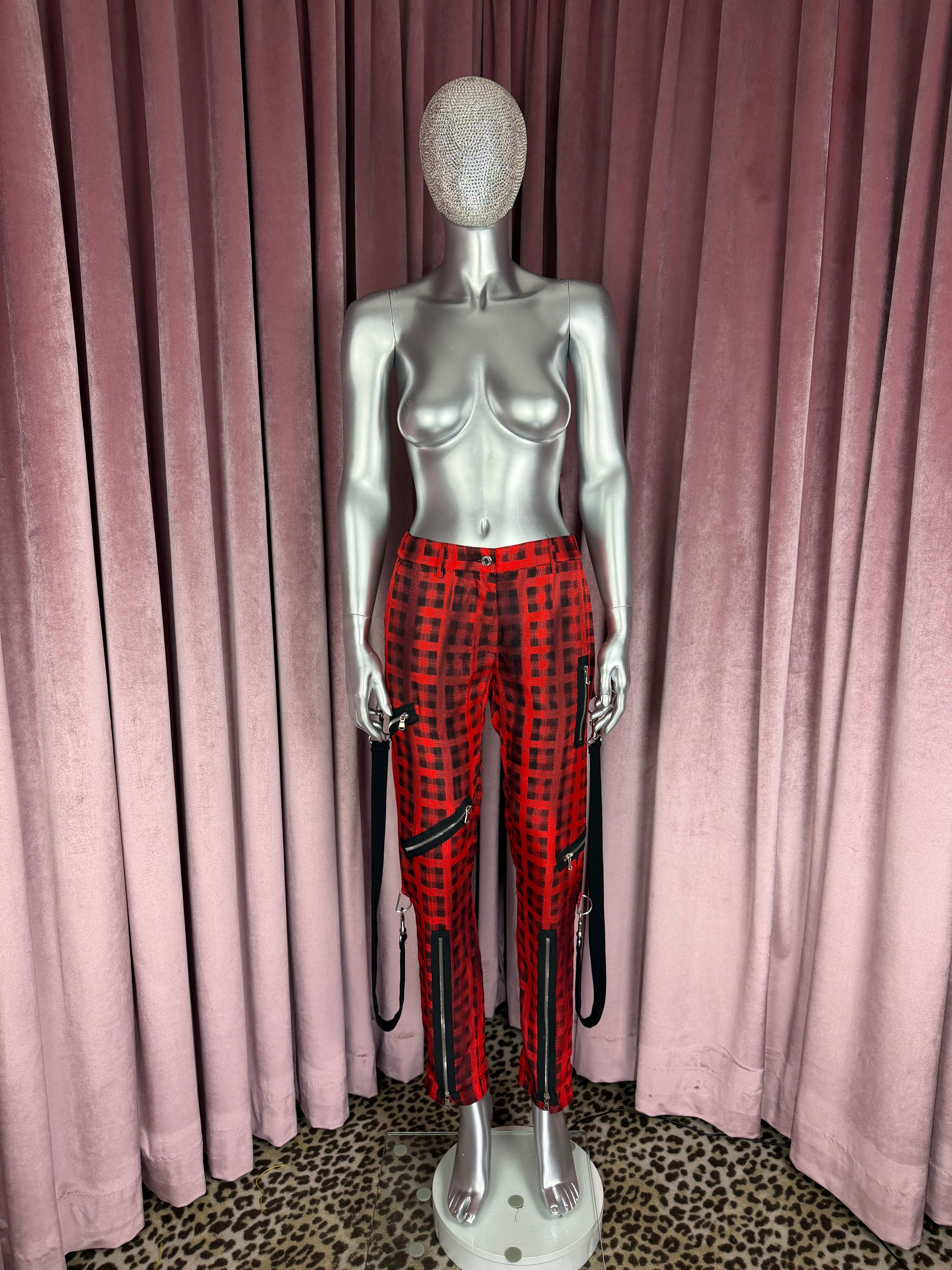 Moschino Couture RUNWAY Pre Fall 2016 Red Black Plaid Silk Zipper