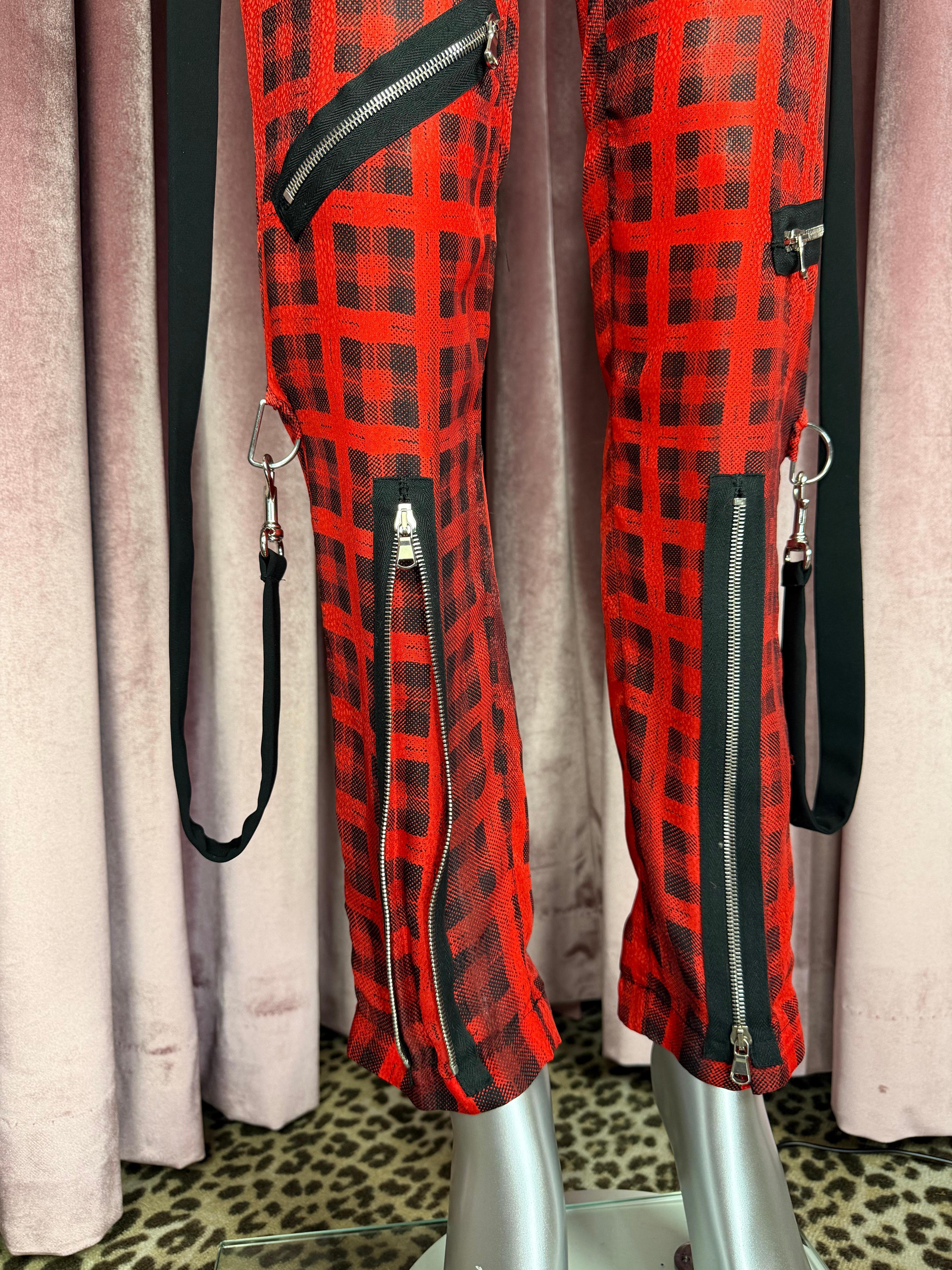 Moschino Couture RUNWAY Pre Fall 2016 Red Black Plaid Silk Zipper