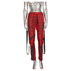 Moschino Couture RUNWAY Pre Fall 2016 Red Black Plaid Silk Zipper Bondage Pants