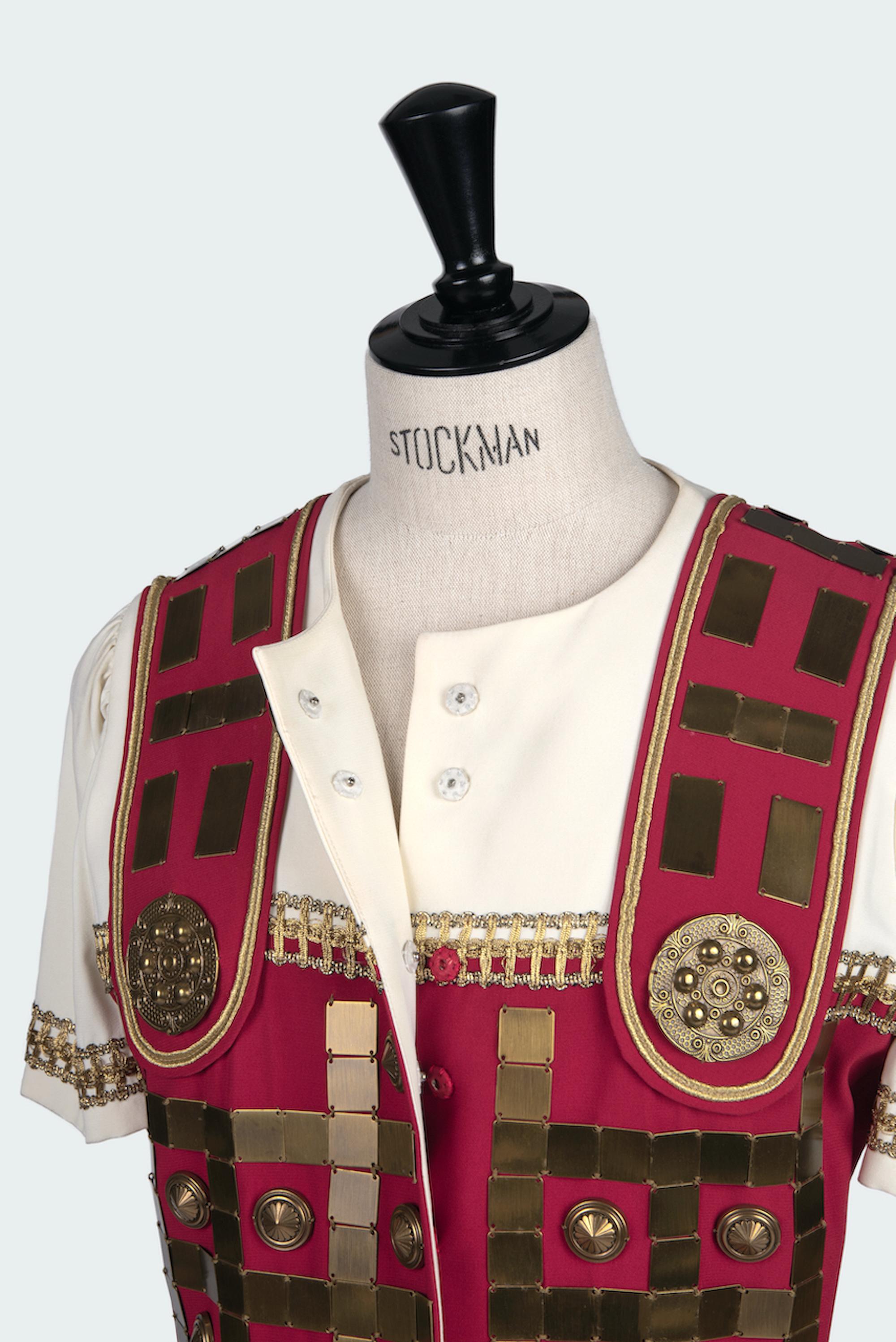 Women's S/S 1994 MOSCHINO COUTURE Roman Centurion Red White Brass Metal Ornaments Jacket For Sale
