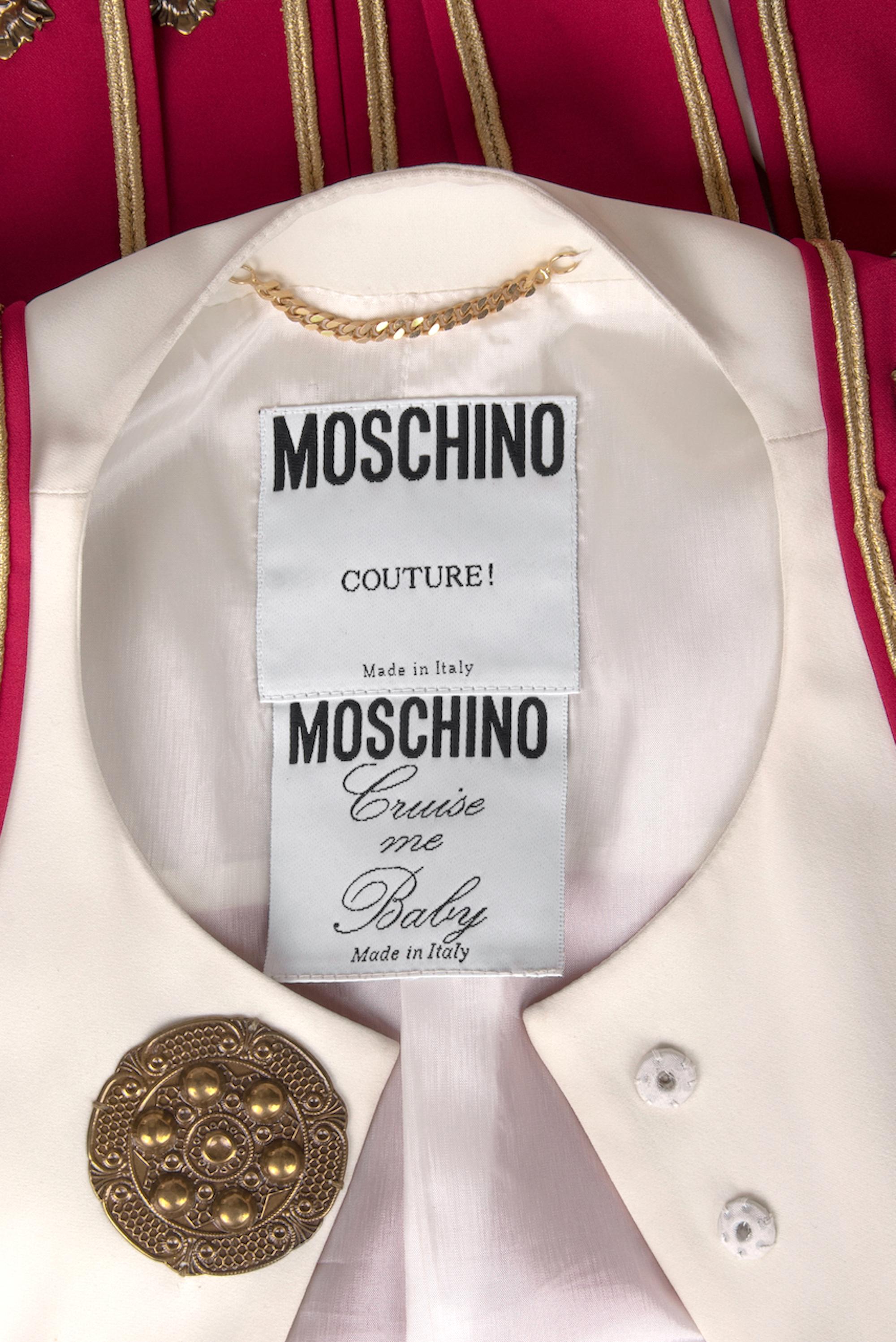 S/S 1994 MOSCHINO COUTURE Roman Centurion Red White Brass Metal Ornaments Jacket For Sale 7