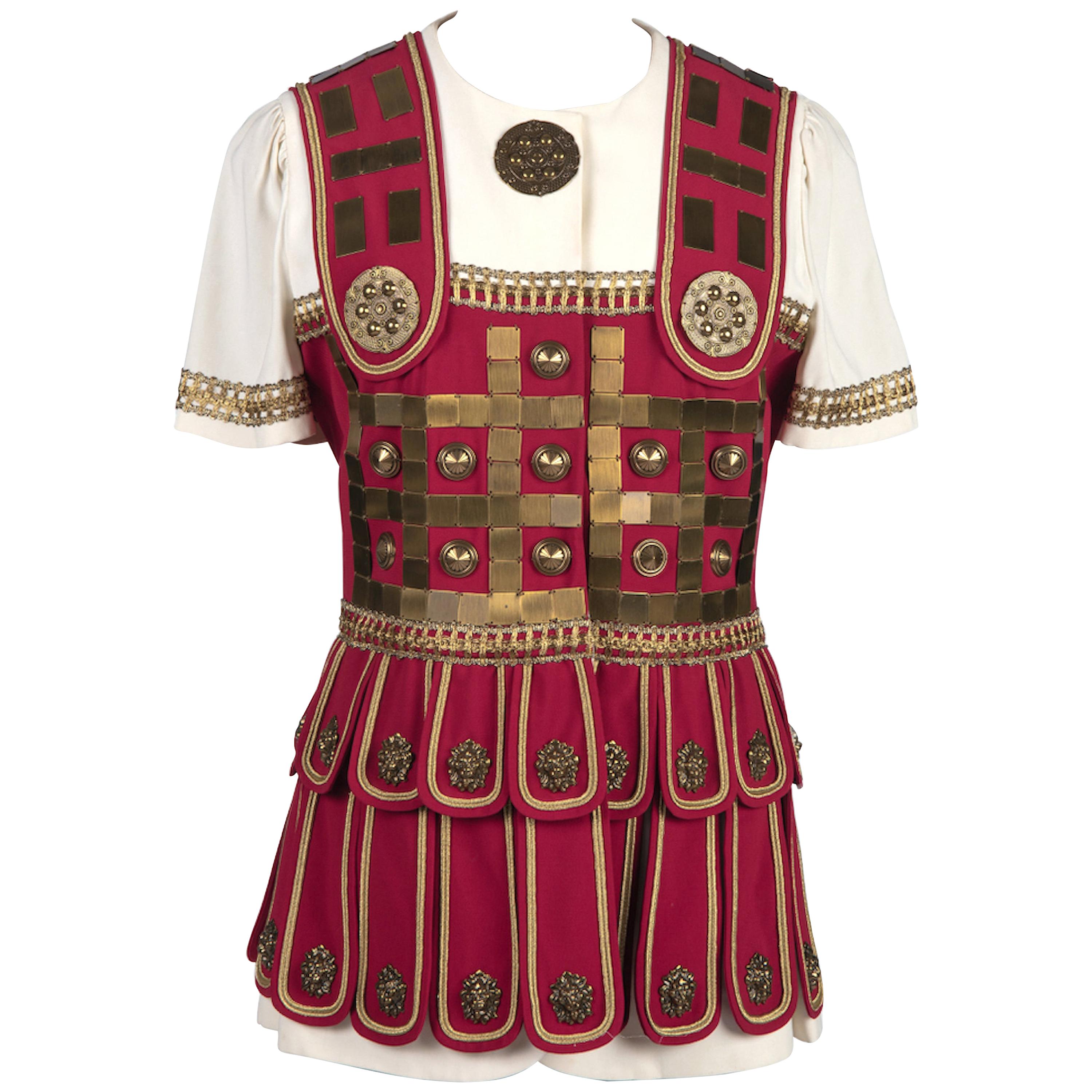 S/S 1994 MOSCHINO COUTURE Roman Centurion Red White Brass Metal Ornaments Jacket For Sale