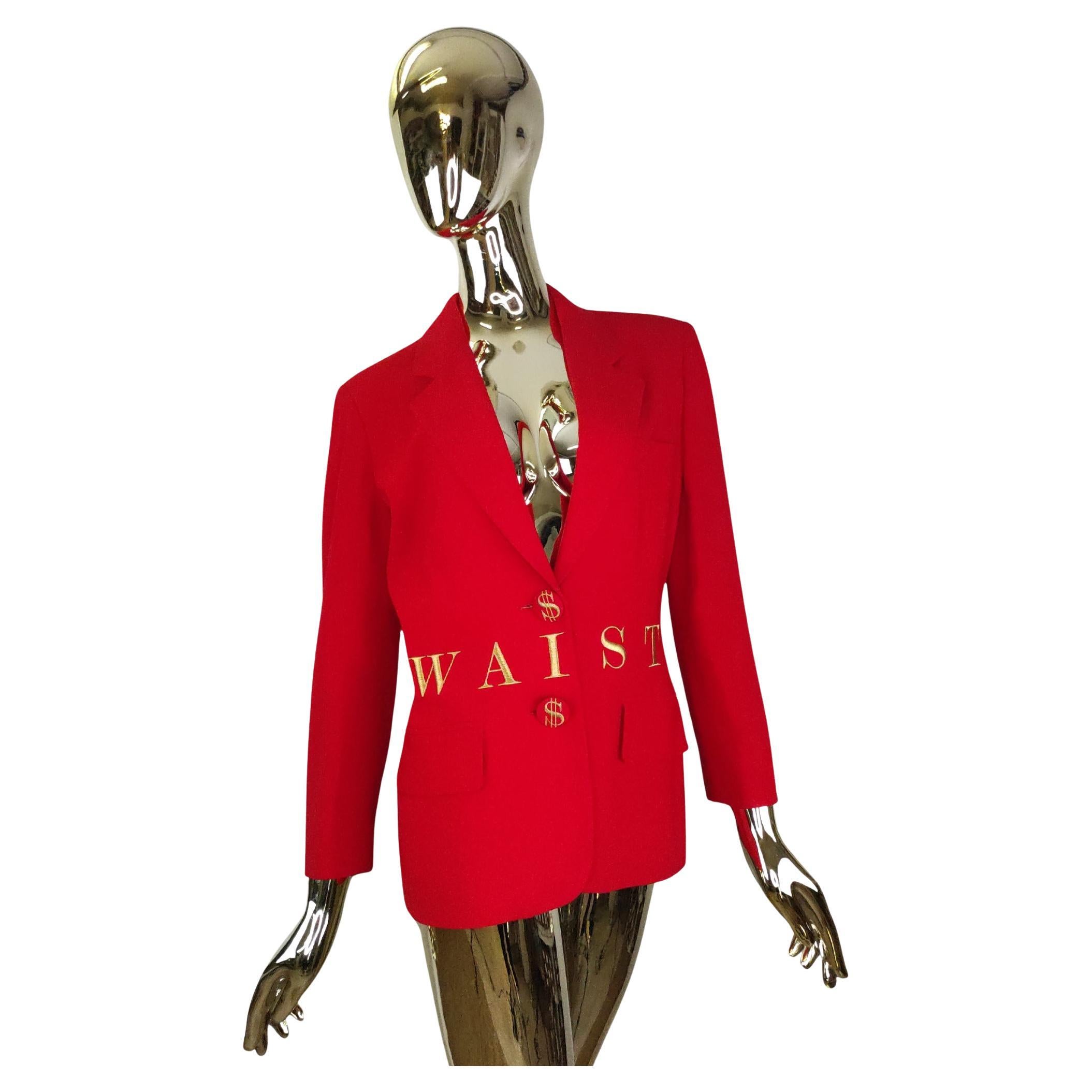 Moschino Couture S/S 1994 "Waist of money" red blazer For Sale