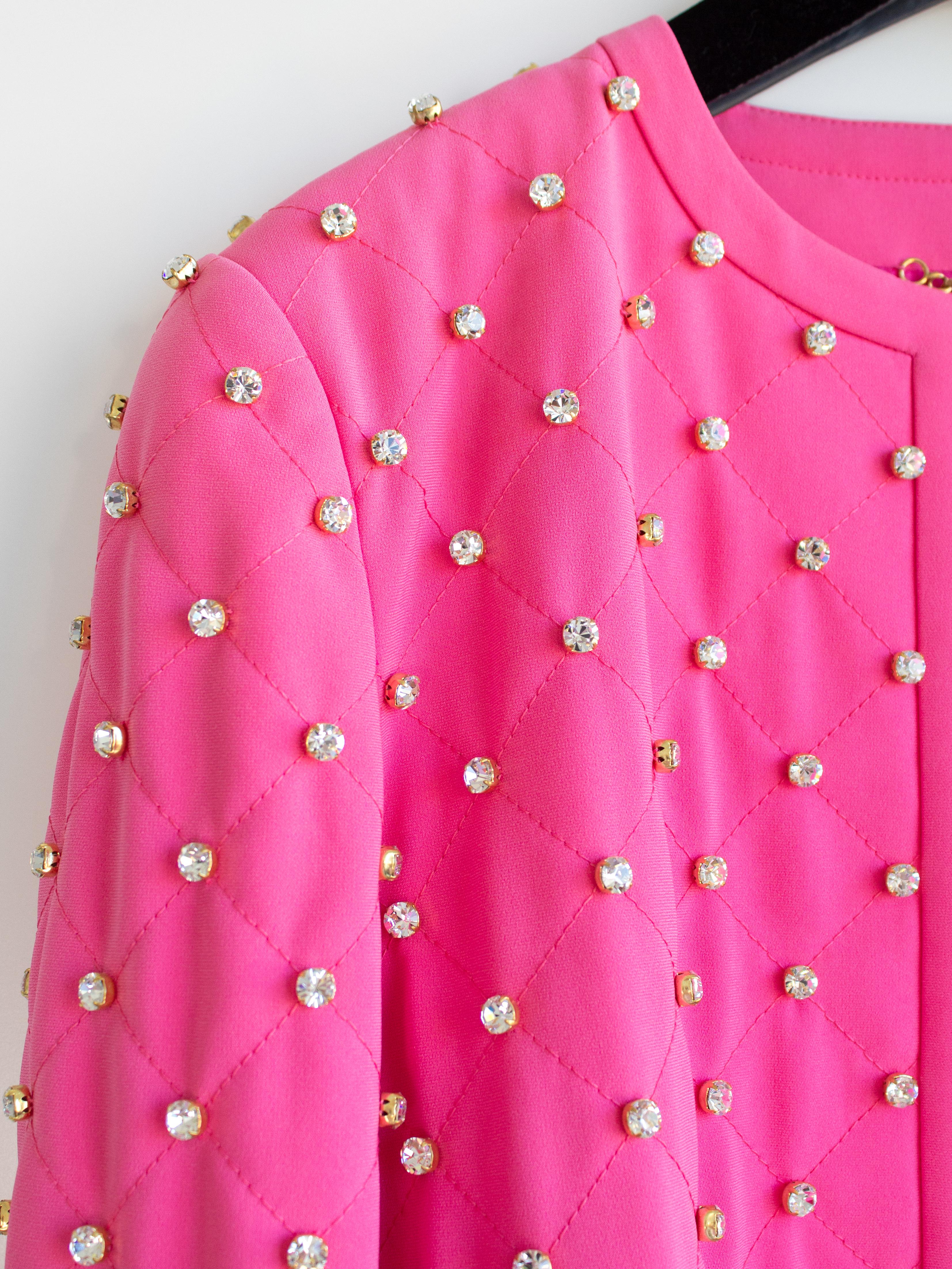Moschino Couture S/S 2015 Barbie Crystal Embellished Rhinestone Pink Jacket For Sale 6