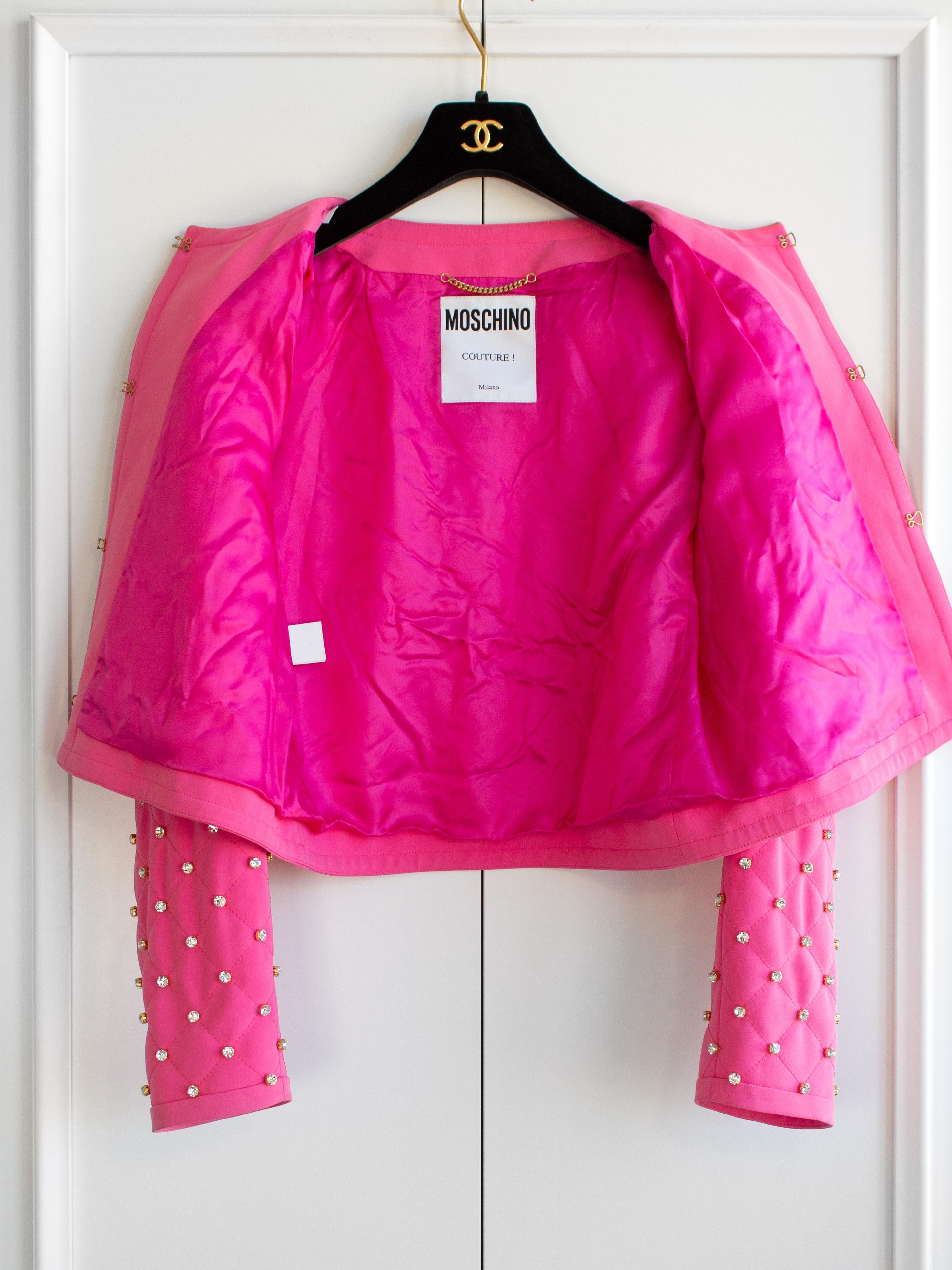 Moschino Couture S/S 2015 Barbie Crystal Embellished Rhinestone Pink Jacket For Sale 10