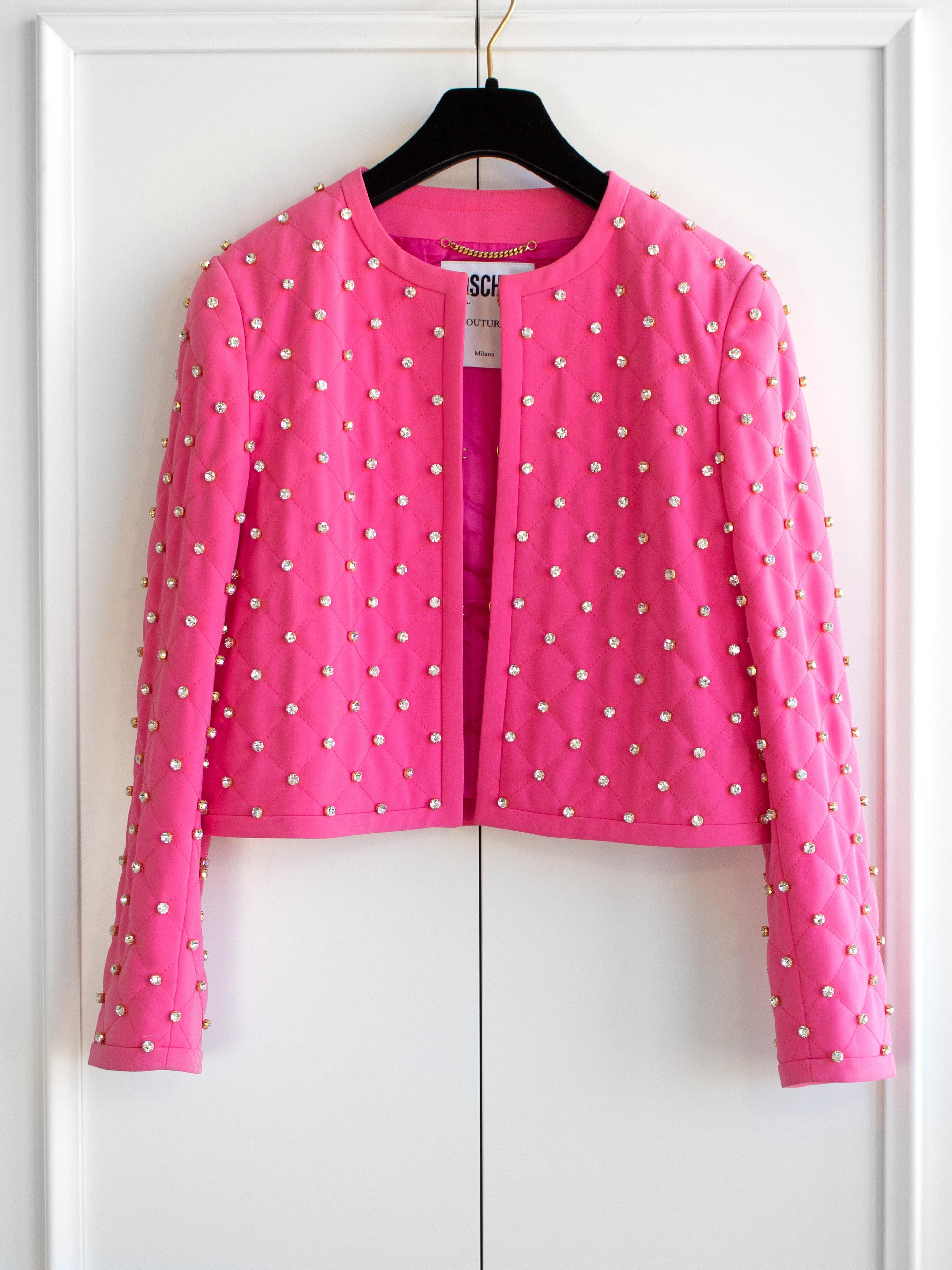 Moschino Couture S/S 2015 Barbie Crystal Embellished Rhinestone Pink Jacket For Sale 1