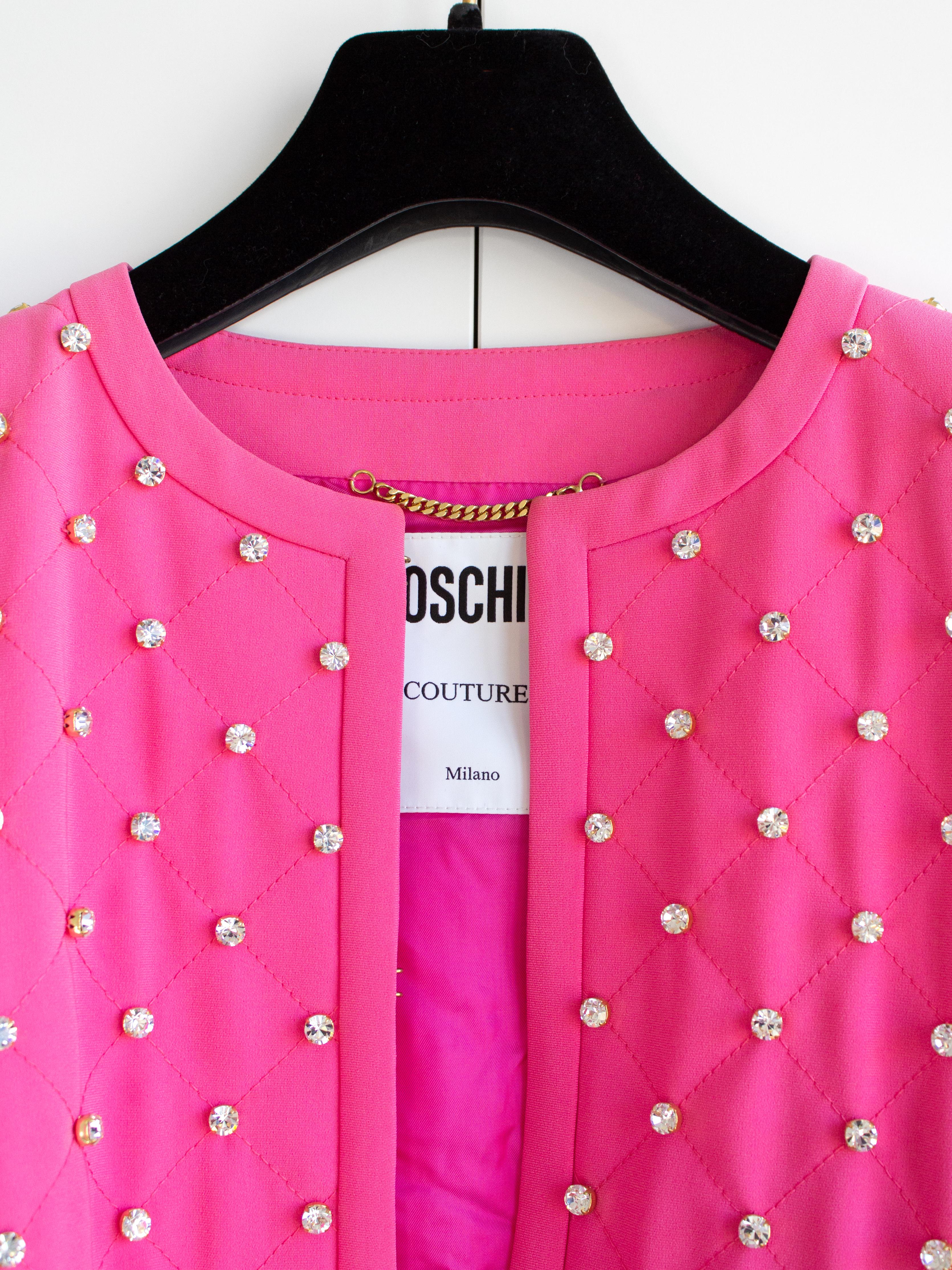 Moschino Couture S/S 2015 Barbie Crystal Embellished Rhinestone Pink Jacket For Sale 4