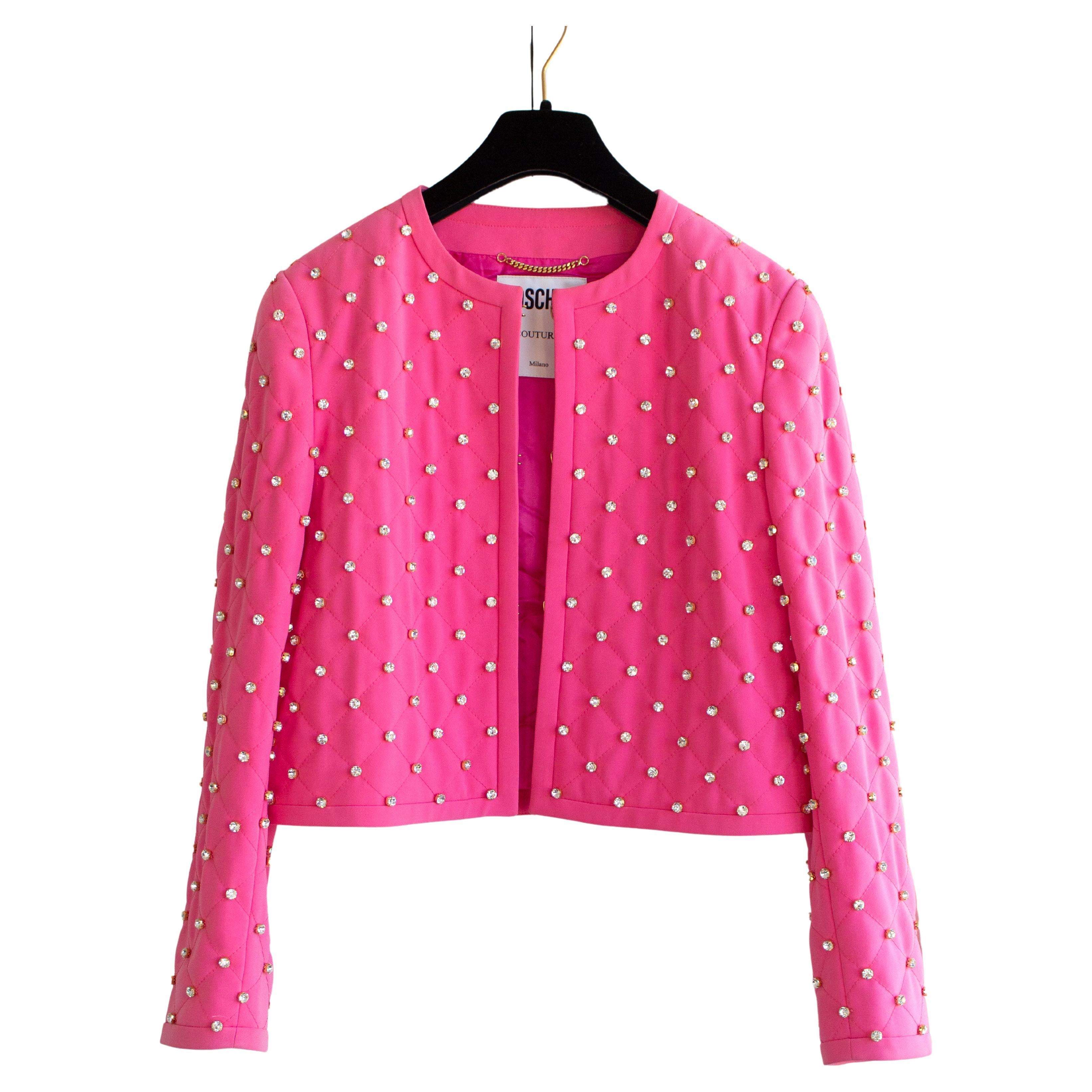 Moschino Couture S/S 2015 Barbie Crystal Embellished Rhinestone Pink Jacket For Sale