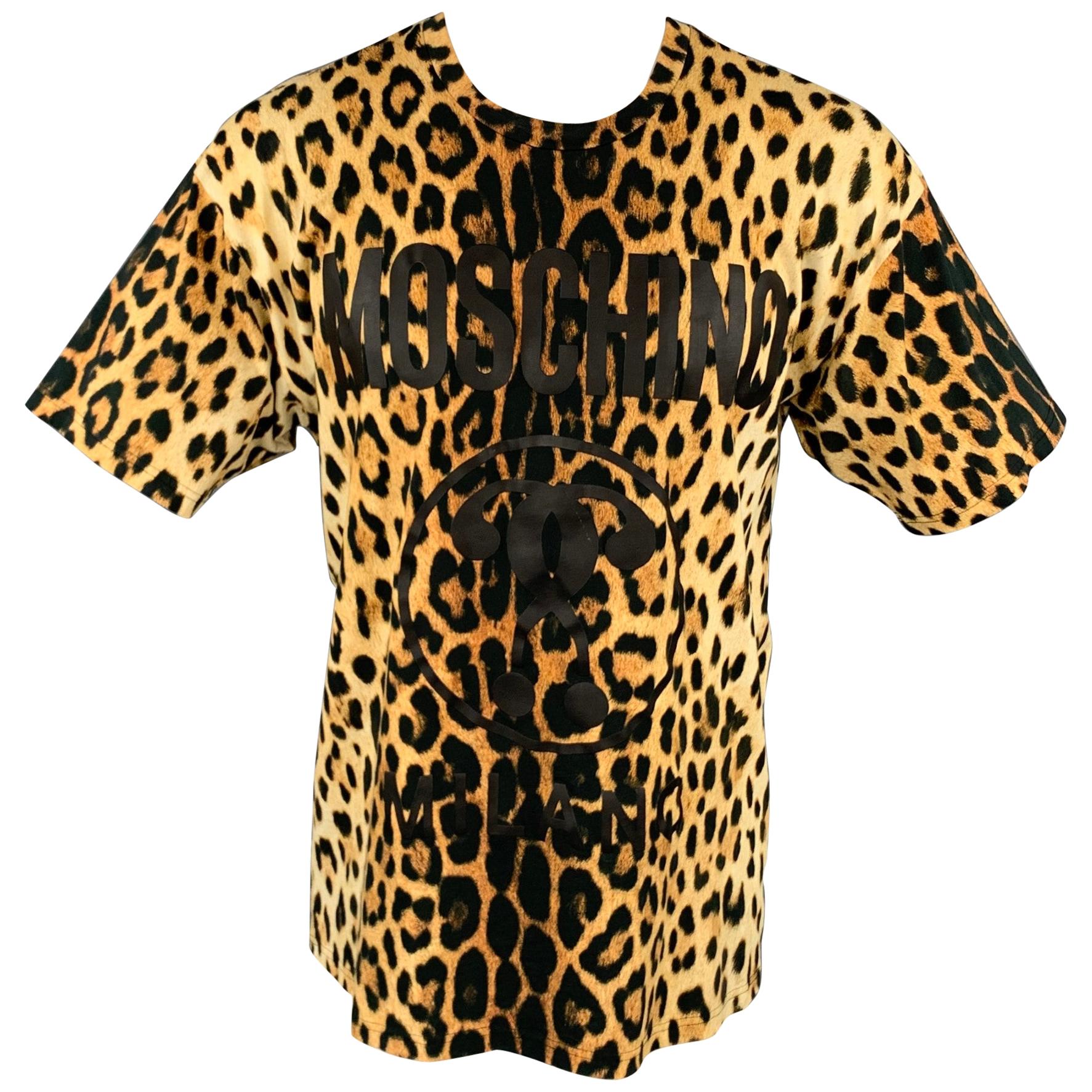MOSCHINO COUTURE Size L Tan & Black Leopard Print Cotton Crew-Neck T-shirt