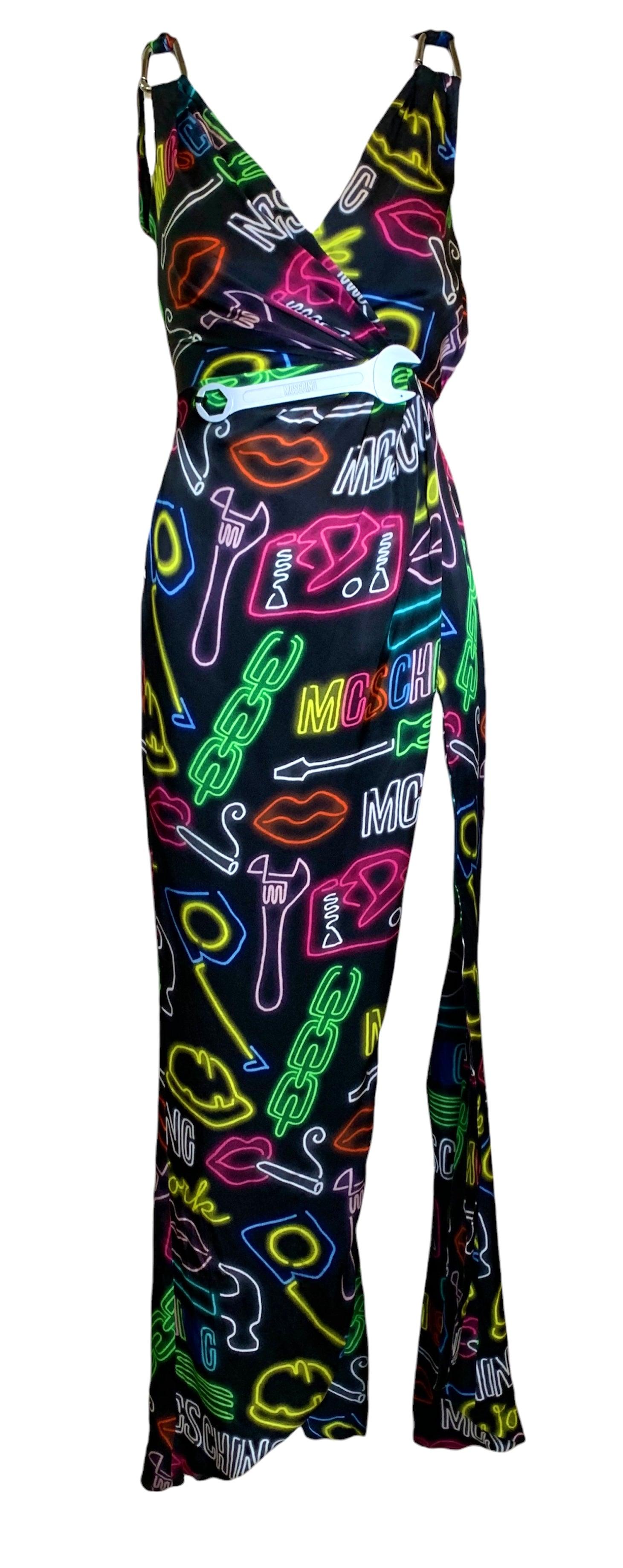 Moschino Couture SS Neon Sign Novelty Print Abito in seta, 2016 in vendita
