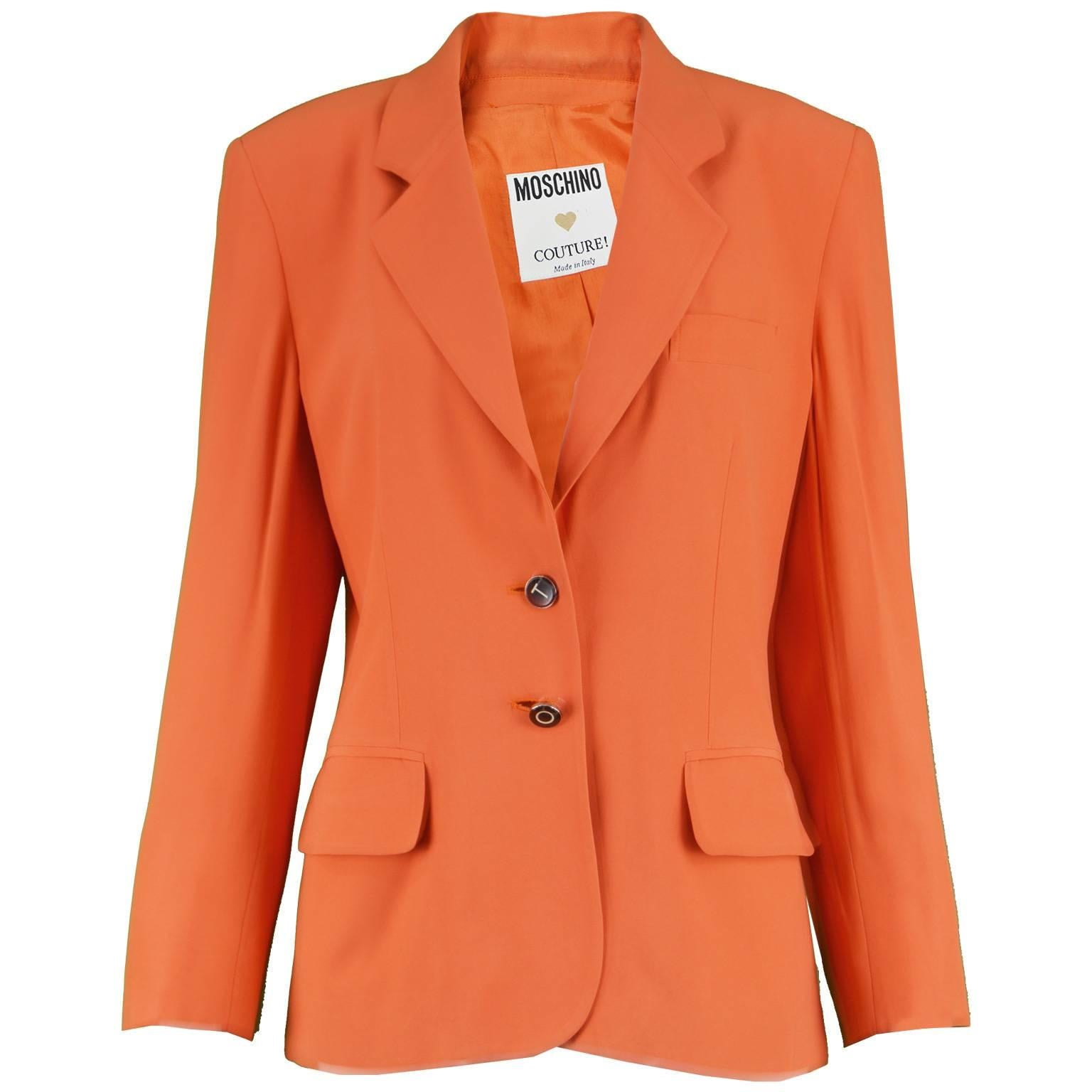Moschino Couture Vintage "Born to Shop" Orange Women's Blazer Jacket, 1990s 