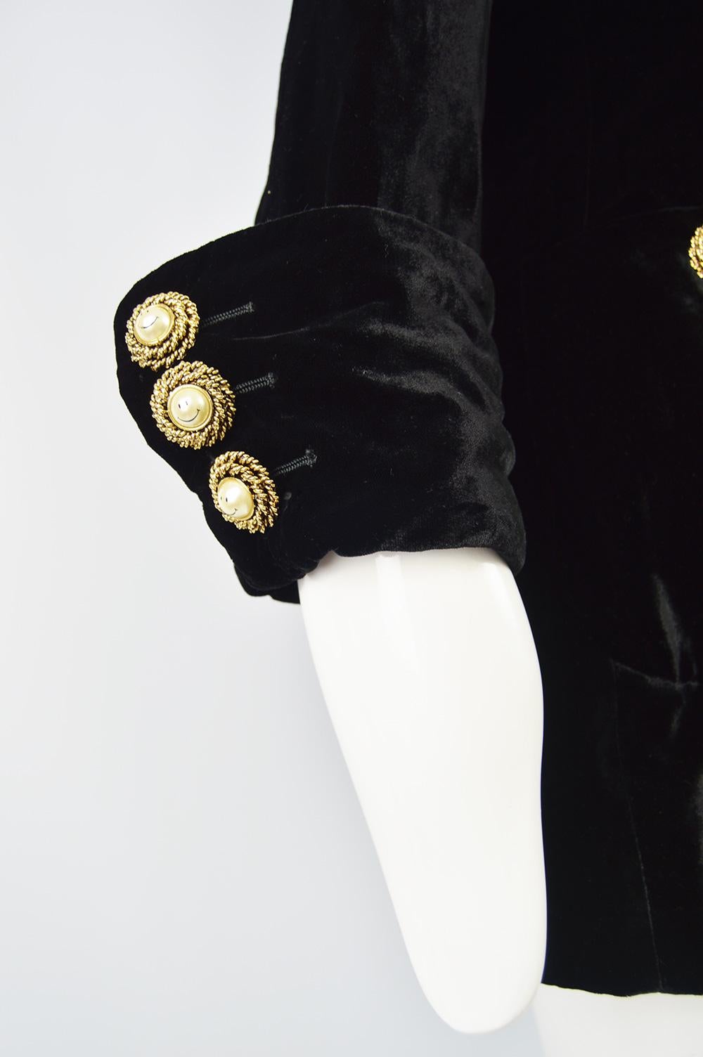 Moschino Couture Vintage Black Velvet Jacket with Ornate Smiley Buttons, 1990s 2
