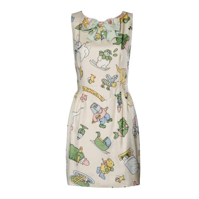 Moschino Couture Vintage Silk Pastel Cartoon Animal Print Dress For Sale At 1stdibs