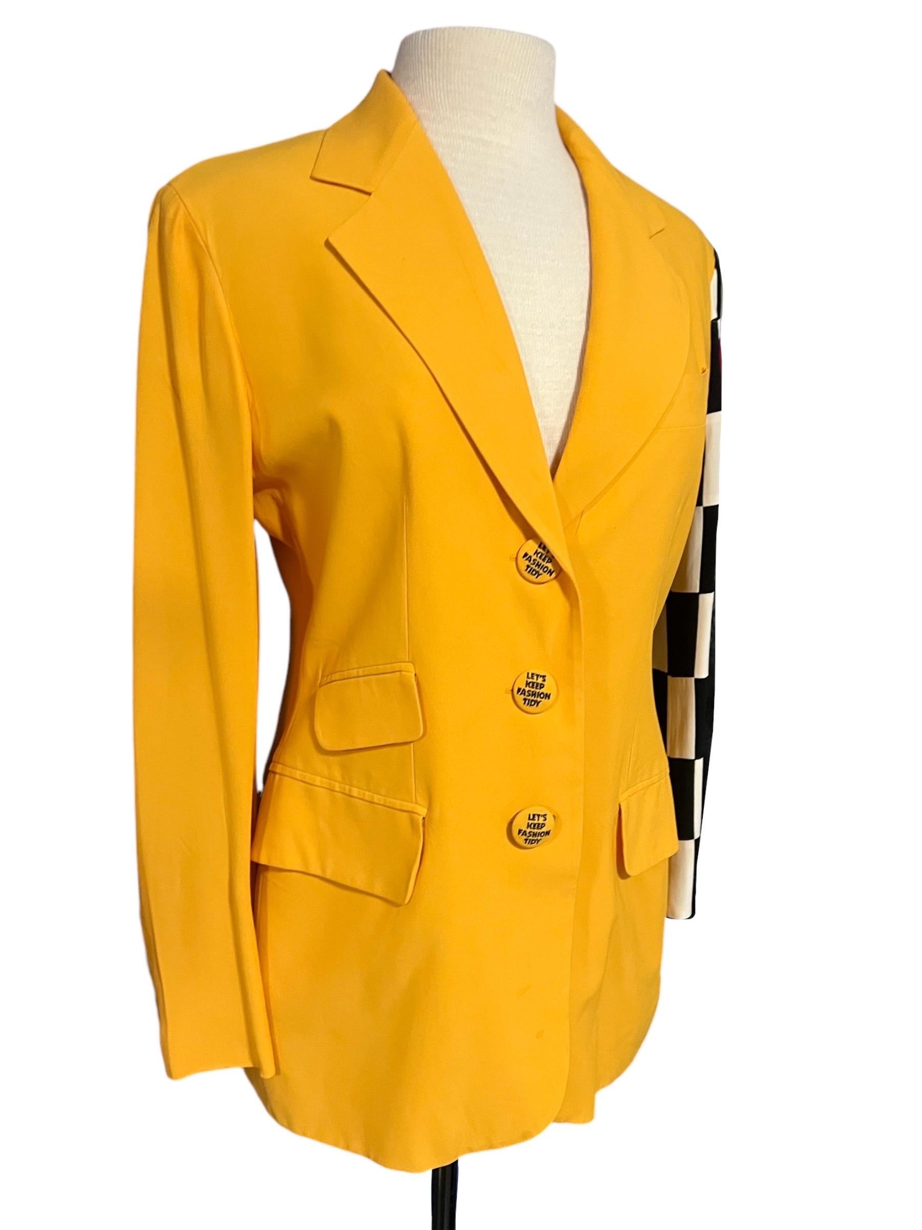 Moschino Couture Vintage Yellow Checker “Let’s Keep Fashion Tidy” Blazer In Good Condition For Sale In Concord, NC