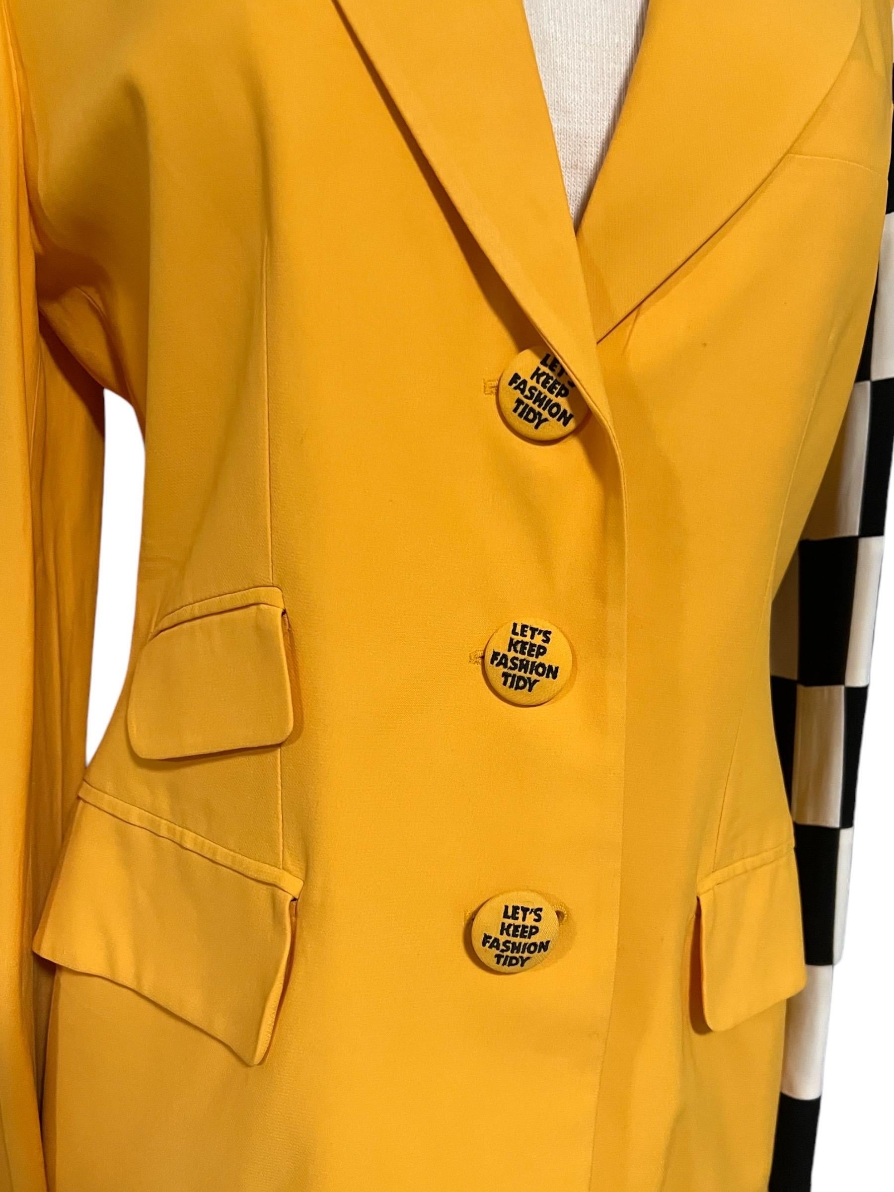 Women's Moschino Couture Vintage Yellow Checker “Let’s Keep Fashion Tidy” Blazer For Sale