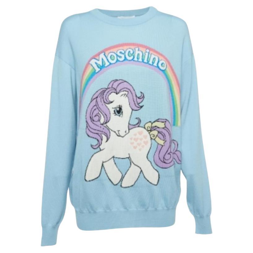 Moschino Couture X My Little Pony Blue Logo Intarsia Knit Sweater M. en vente