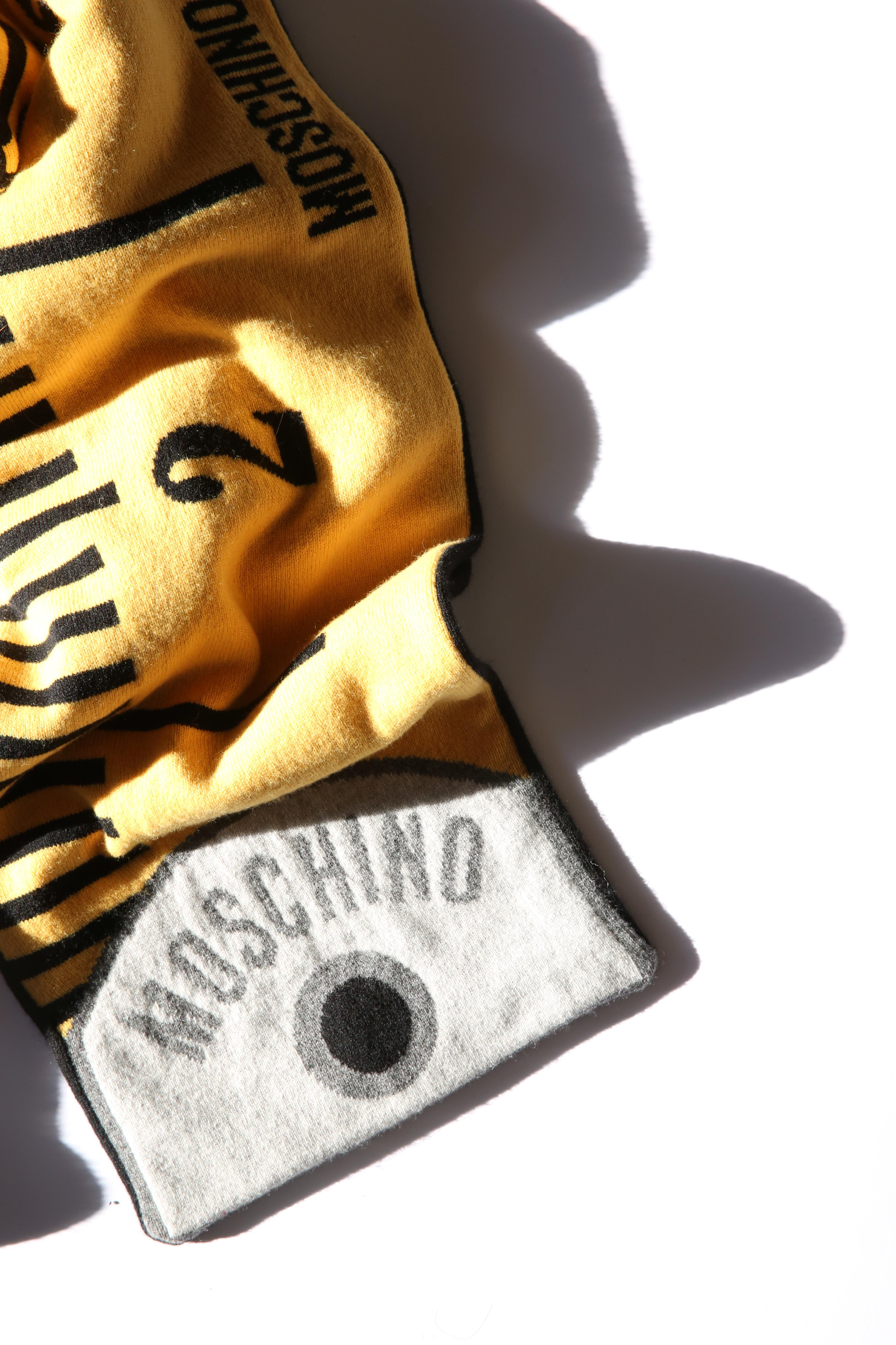 Beige Moschino Couture yellow black long cashmere wool tape measure ruler scarf