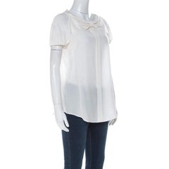 Moschino Cream Silk Crepe de Chine Bow Detail Short Sleeve Blouse L