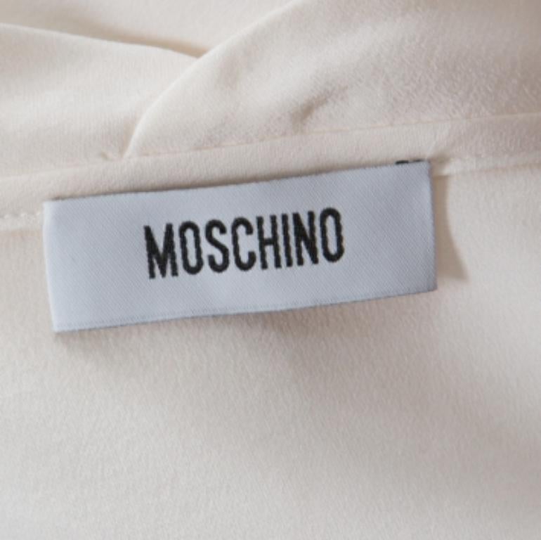 Moschino Creme Seiden-Crepe de Chine Schleifen-Detail Kurzarm-Bluse L (Grau) im Angebot