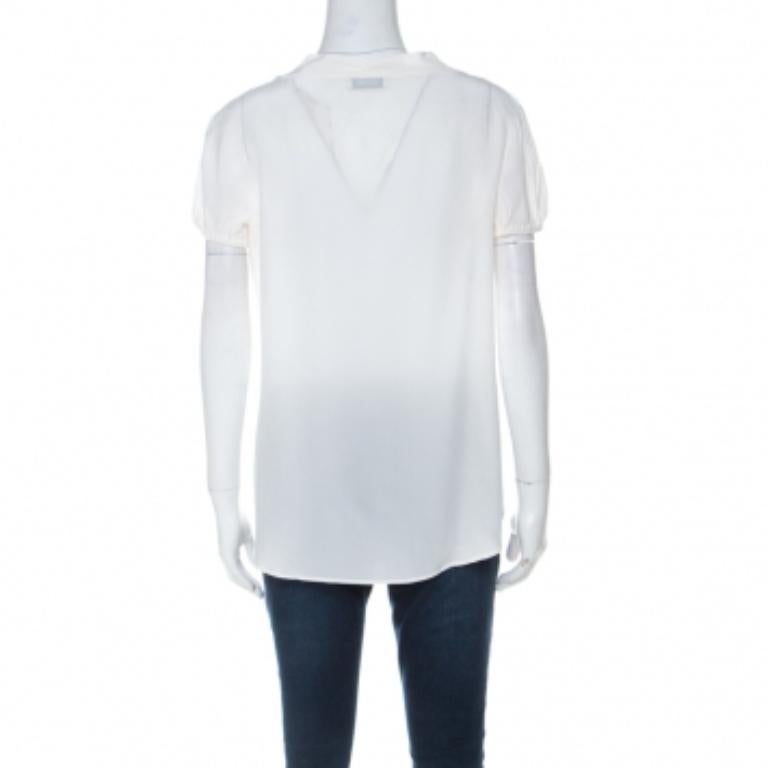 Moschino Creme Seiden-Crepe de Chine Schleifen-Detail Kurzarm-Bluse L im Zustand „Hervorragend“ im Angebot in Dubai, Al Qouz 2