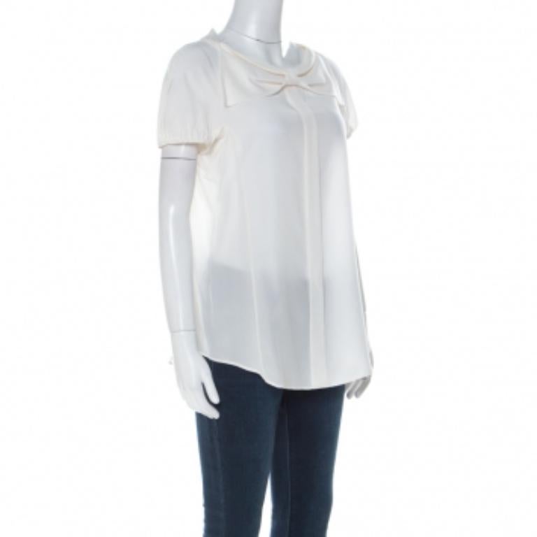 Moschino Creme Seiden-Crepe de Chine Schleifen-Detail Kurzarm-Bluse L Damen im Angebot