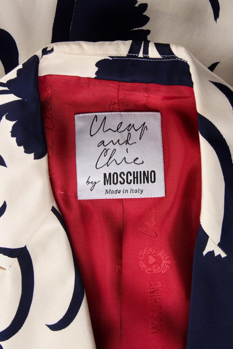 MOSCHINO Cream-White & Blue Floral Print Jacket with Red Lining, 1980s/1990s 7