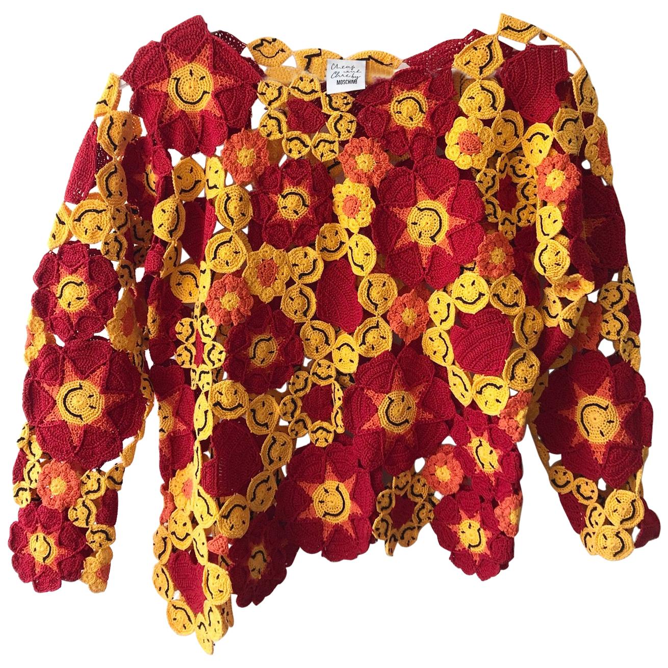  1990s Moschino Red and Yellow Crochet Smiley Acid Face Sweater