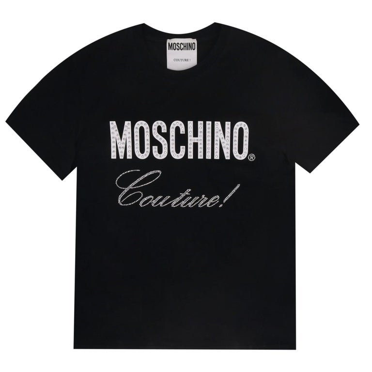 Maglietta Moschino con logo impreziosito da cristalli in vendita