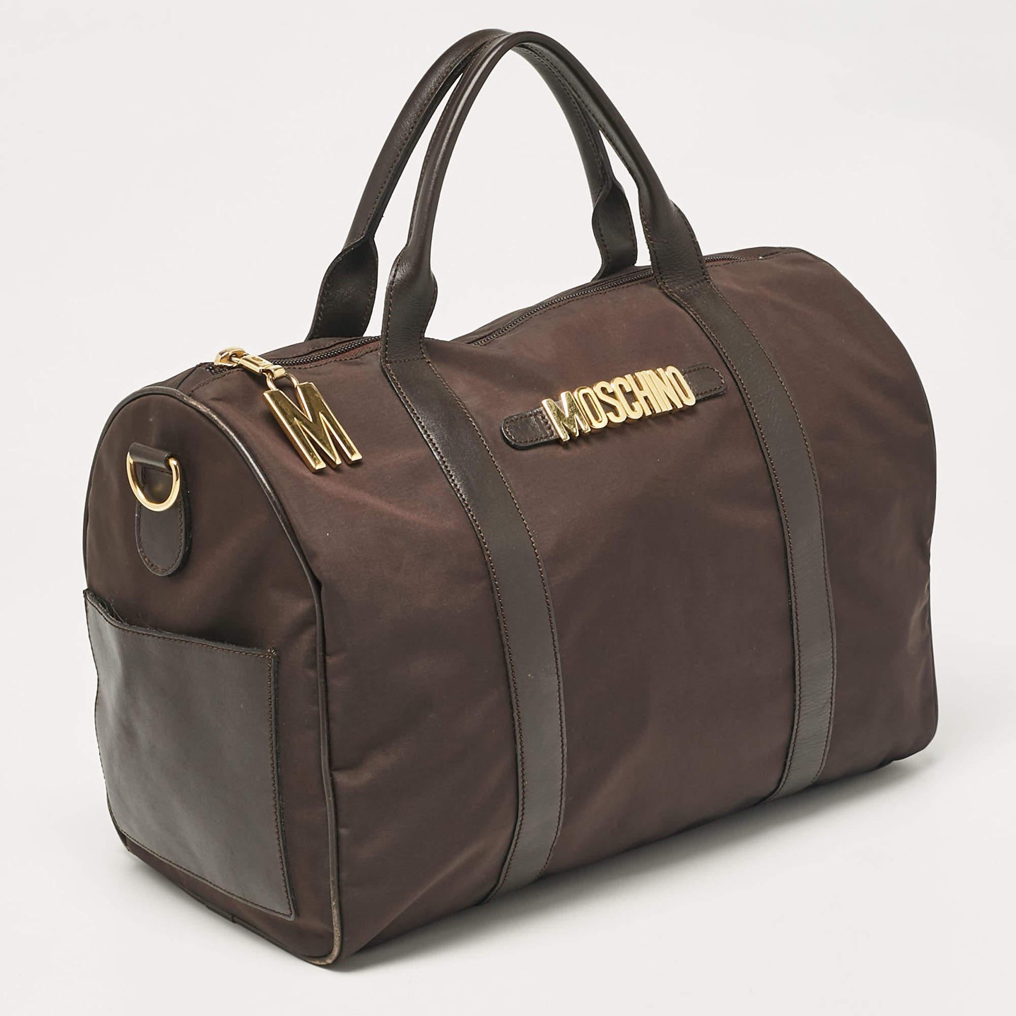 Black Moschino Dark Brown Nylon Logo Boston Bag