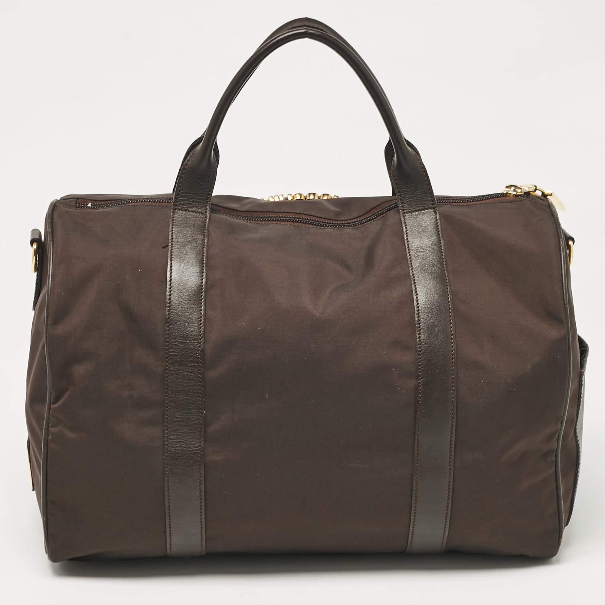 Moschino Dark Brown Nylon Logo Boston Bag In Fair Condition In Dubai, Al Qouz 2