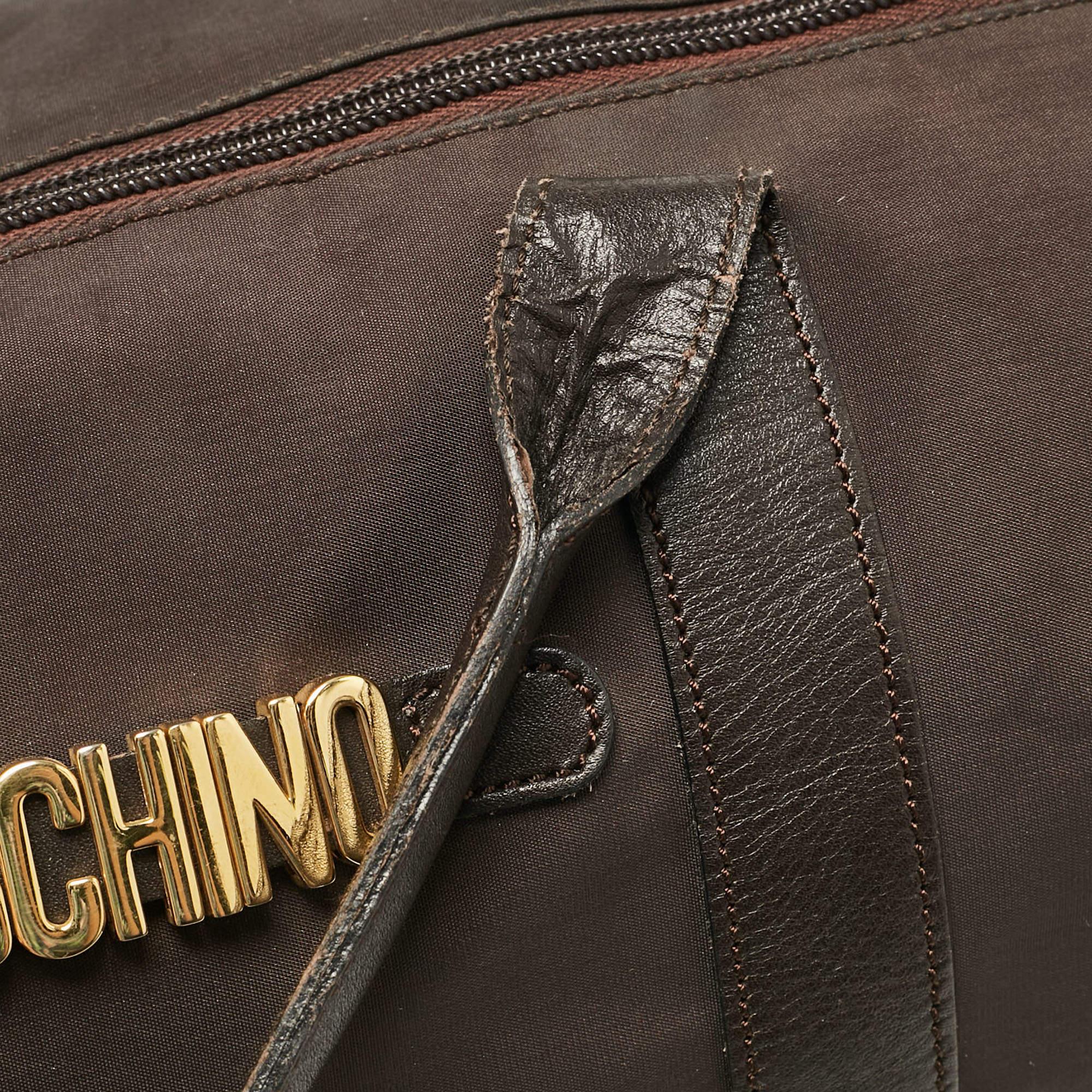 Moschino Dark Brown Nylon Logo Boston Bag 1