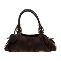 Moschino Dark Brown Signature Canvas and Leather Studded Satchel