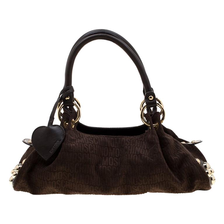 Moschino Dark Brown Signature Canvas and Leather Studded Satchel