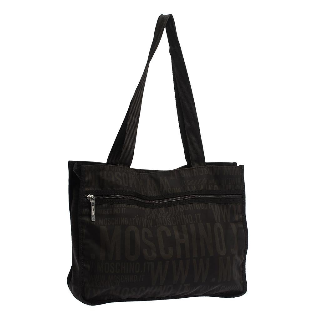 Moschino Dark Brown Signature Nylon Shopper Tote In Good Condition In Dubai, Al Qouz 2