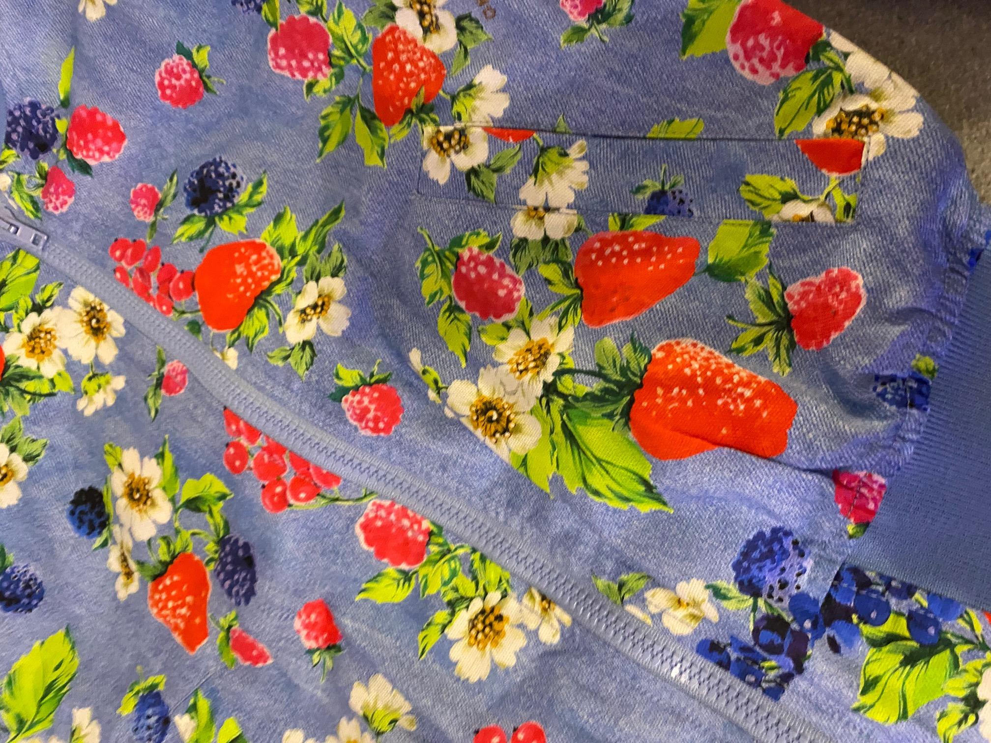 Gray Moschino Denim Feel Fruit Print Blue Bomber Jacket  For Sale