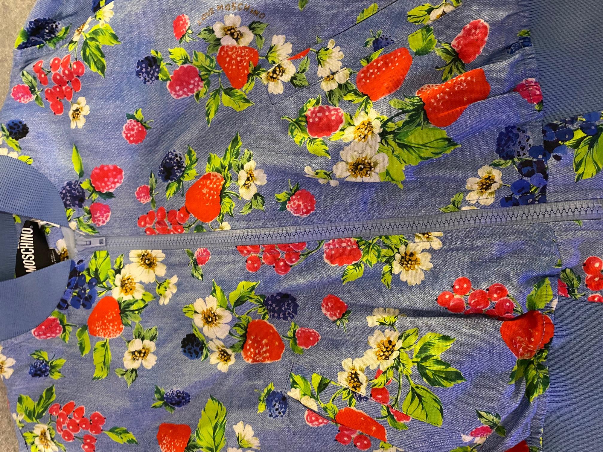 Moschino Denim Feel Fruit Print Blue Bomber Jacket  In New Condition For Sale In London, GB