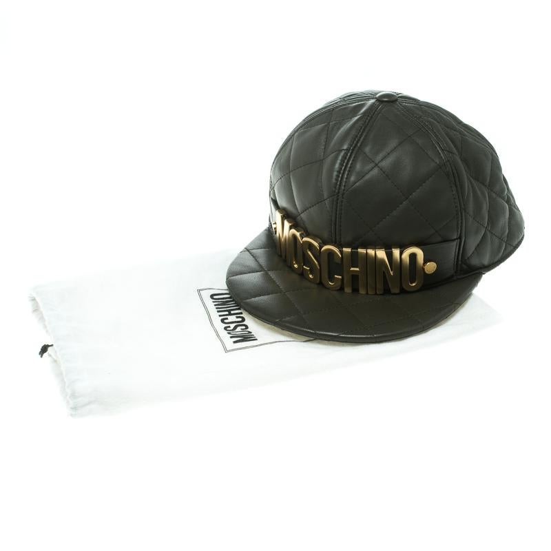 Black Moschino Fatigue Green Quilted Leather Lettering Cap M