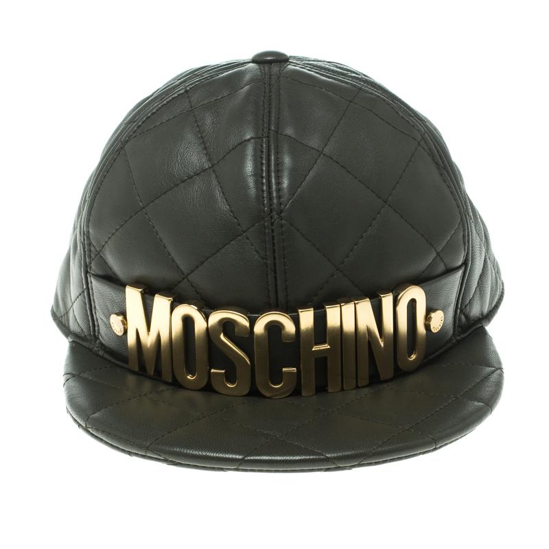 Men's Moschino Fatigue Green Quilted Leather Lettering Cap M