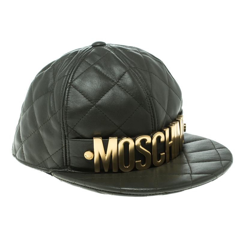 Moschino Fatigue Green Quilted Leather Lettering Cap M