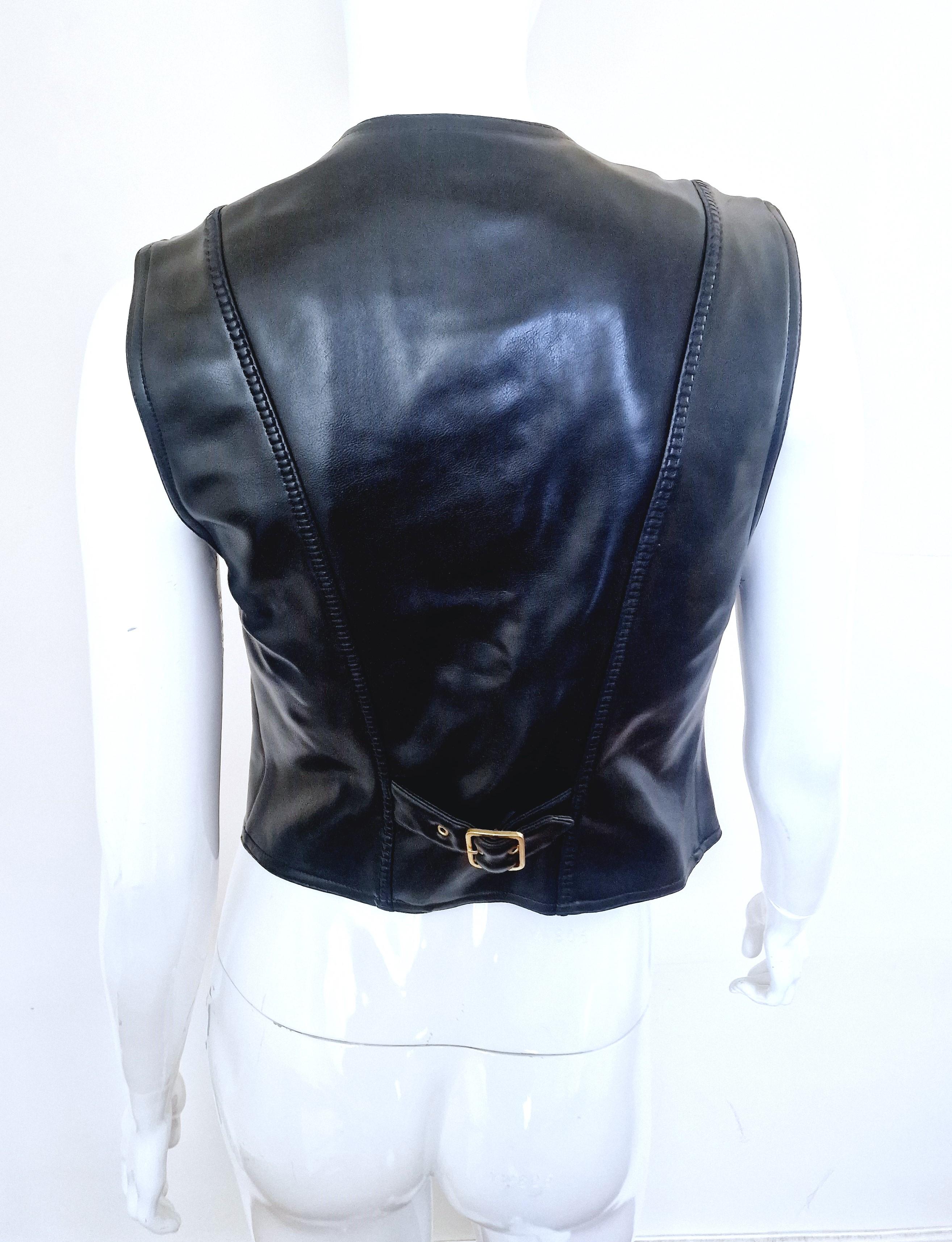 Moschino Faux Leather Biker Peace Sign Zipper Metal Vintage Black Top Vest For Sale 6